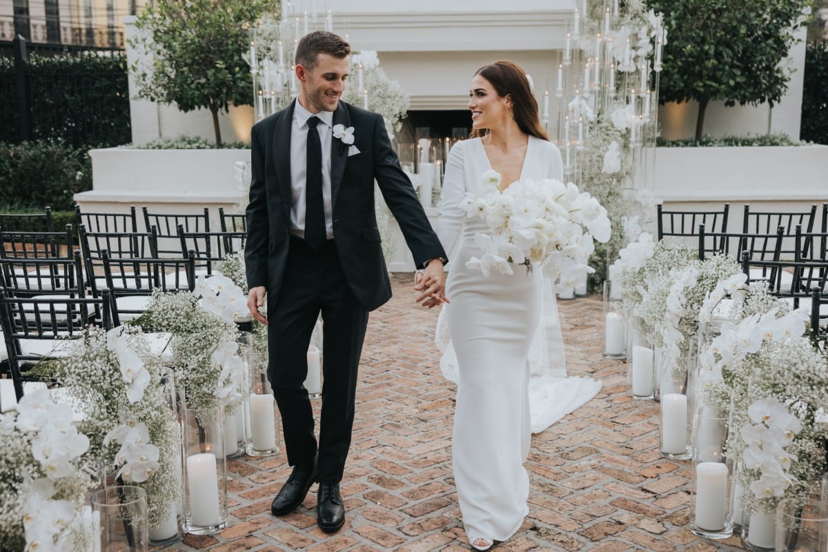 bride and groom at courtyard wedding in new orleans