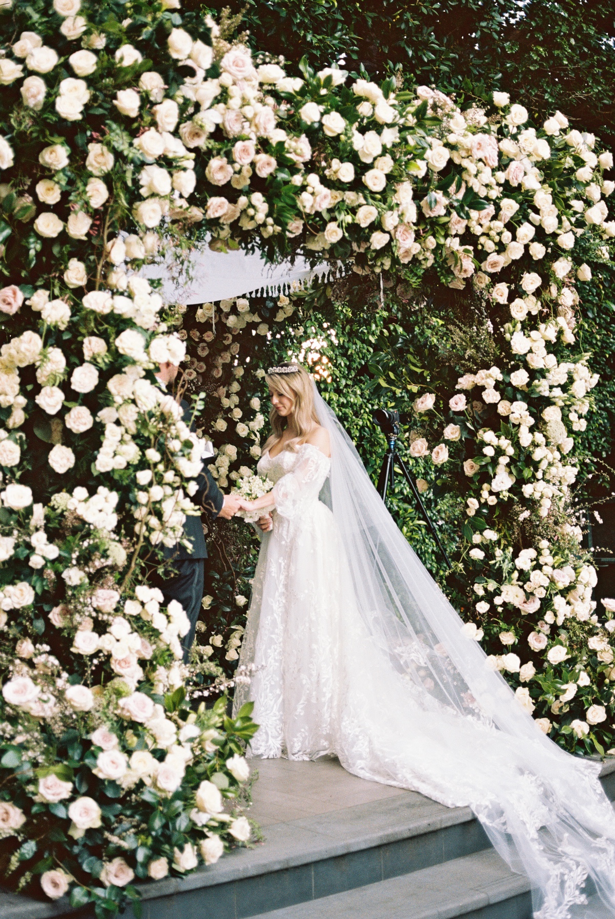 white and blush rose floral chuppah for wedding