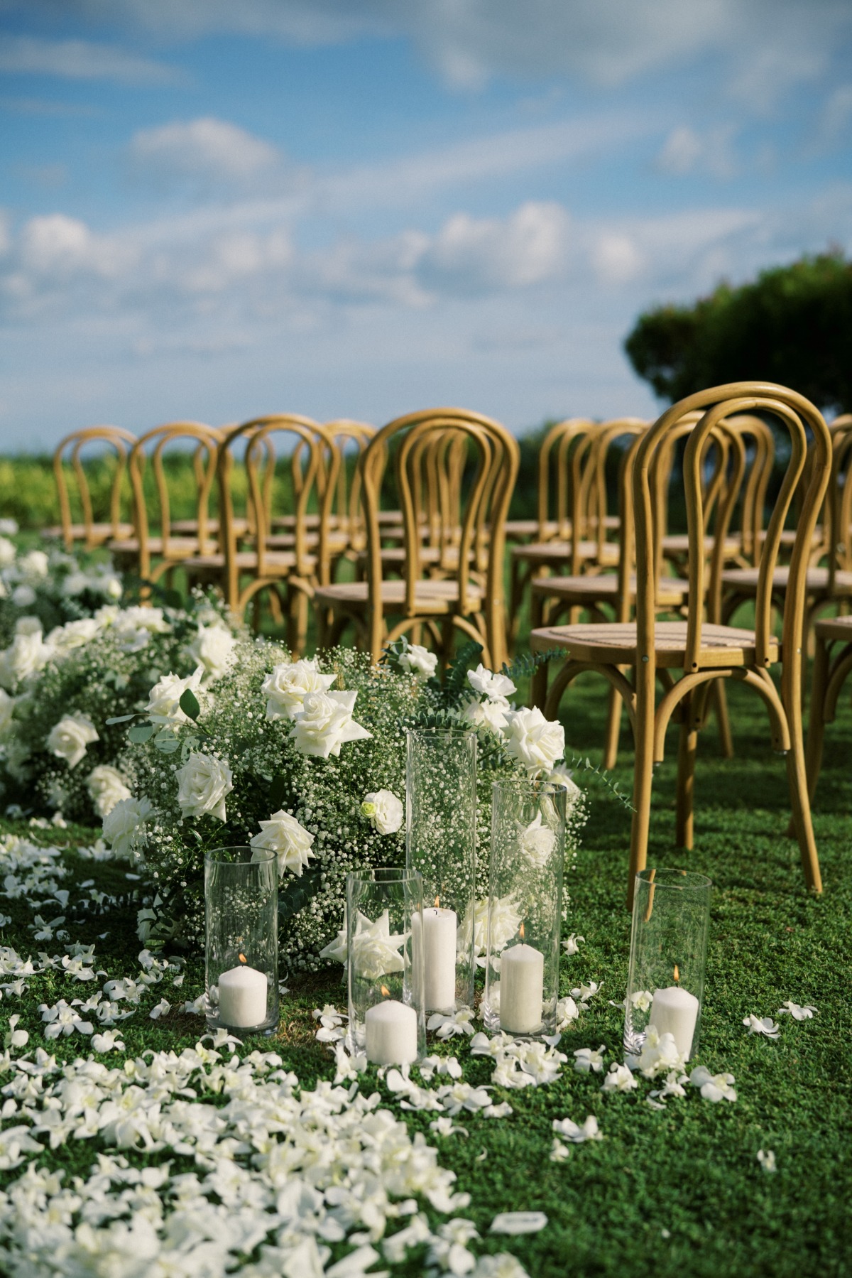 flower petal lined aisle for outdoor wedding