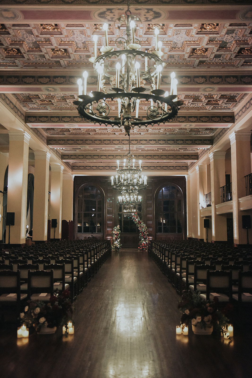 wooden vintage wedding venue with wood chairs