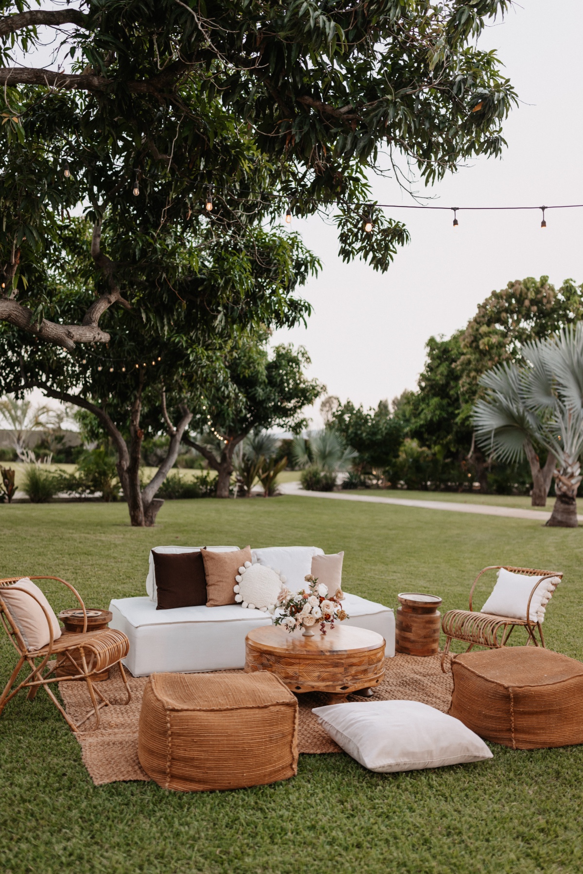 boho cocktail hour seating area