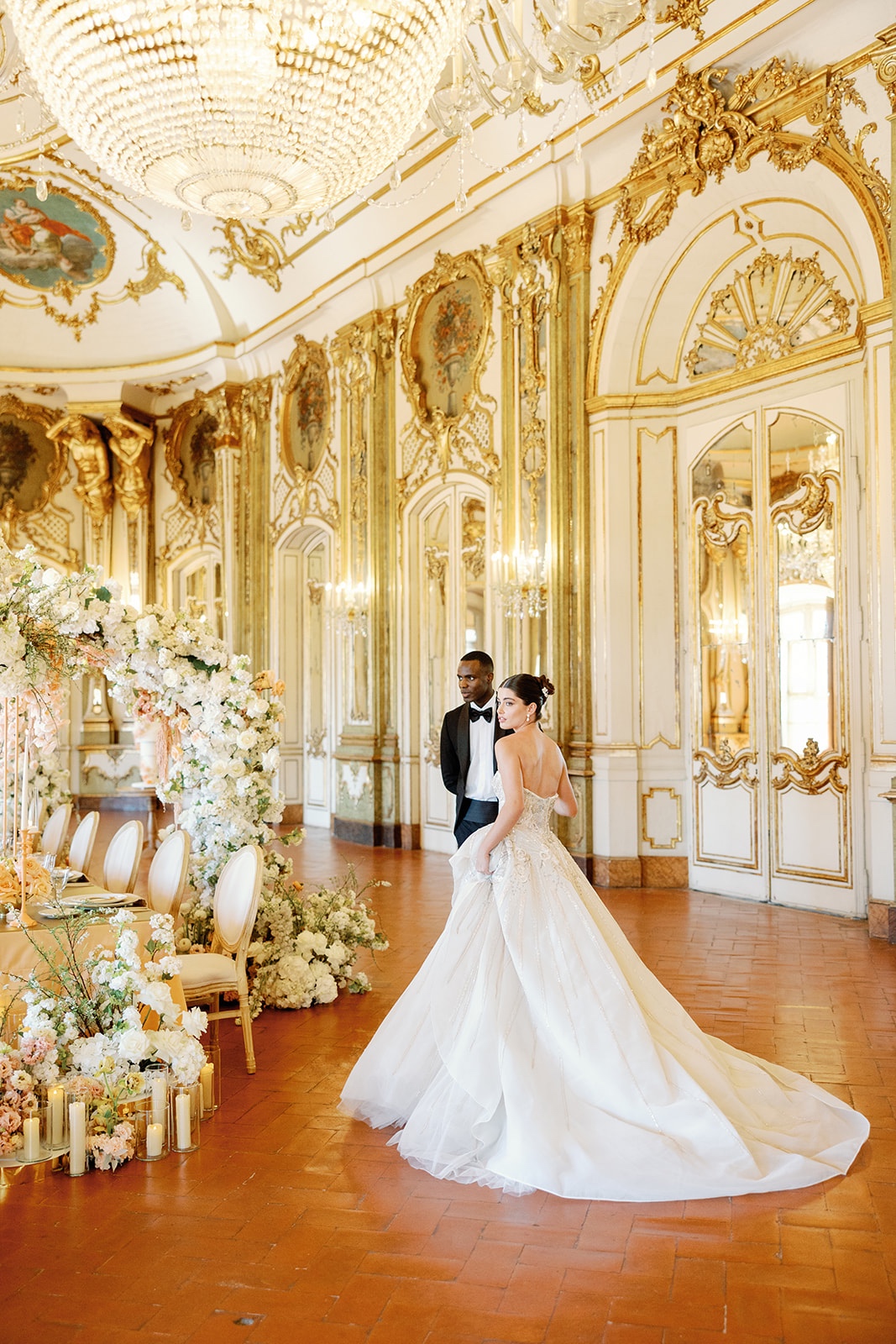 gilded ballroom for peach wedding reception