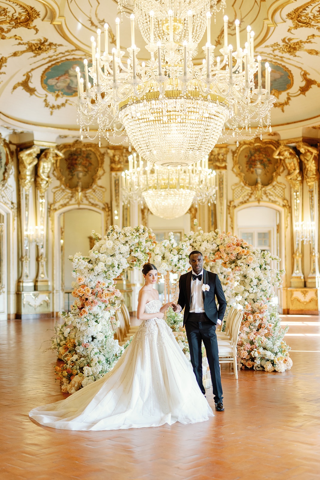 gold and crystal chandelier ballroom venue in portugal