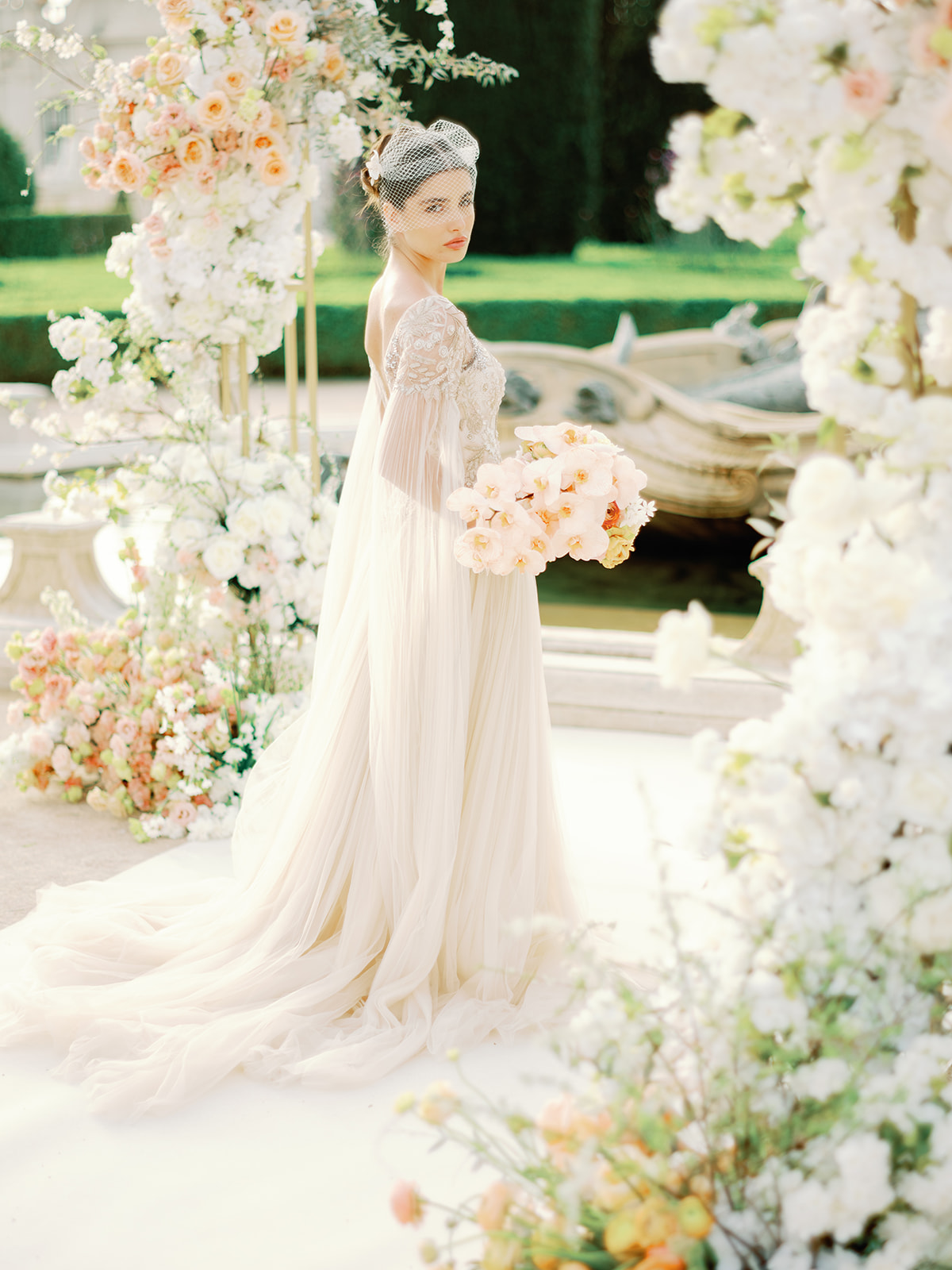 champagne wedding gown with cape