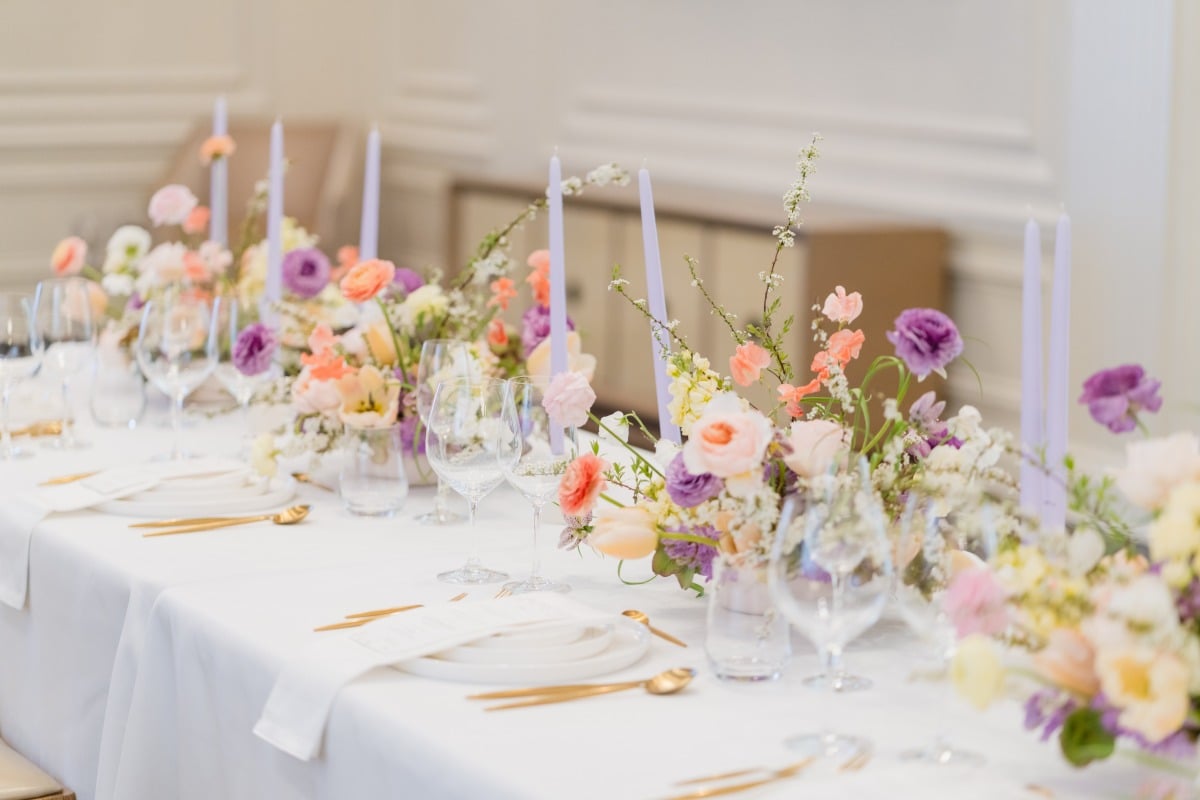 blue purple peach centerpieces