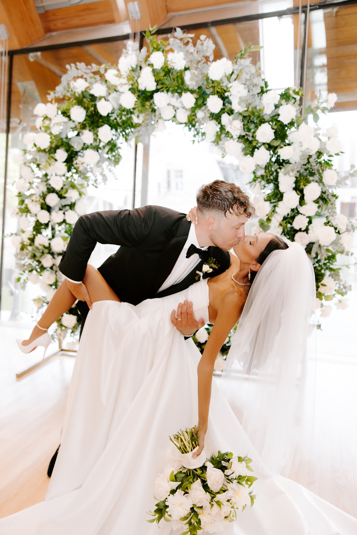 white rose circle floral arch