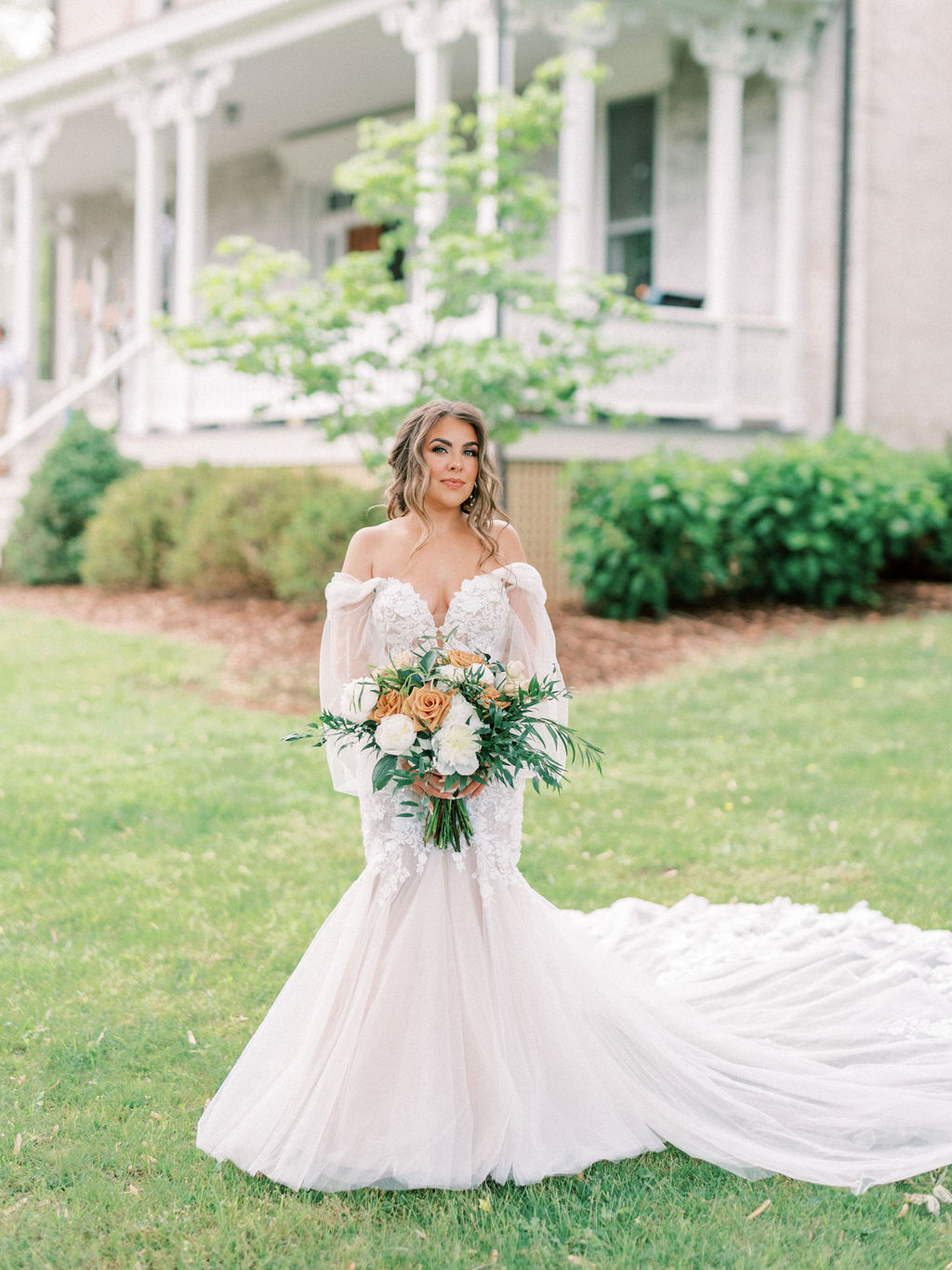 lace mermaid gown with off the shoulder sleeves