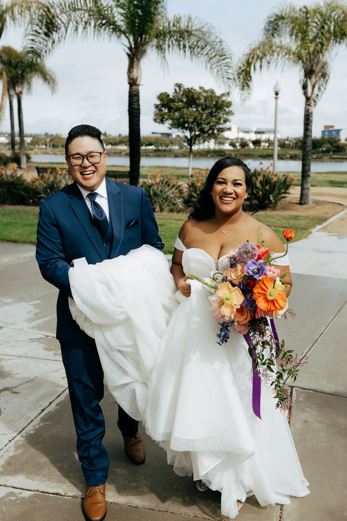 colorful bouquet with purple ribbon