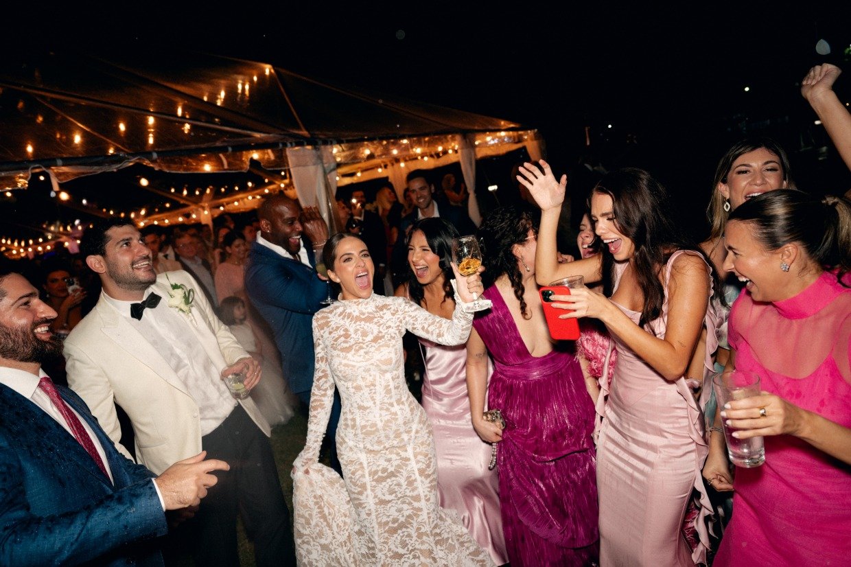 bride in long sleeve lace galia lahav gown at reception