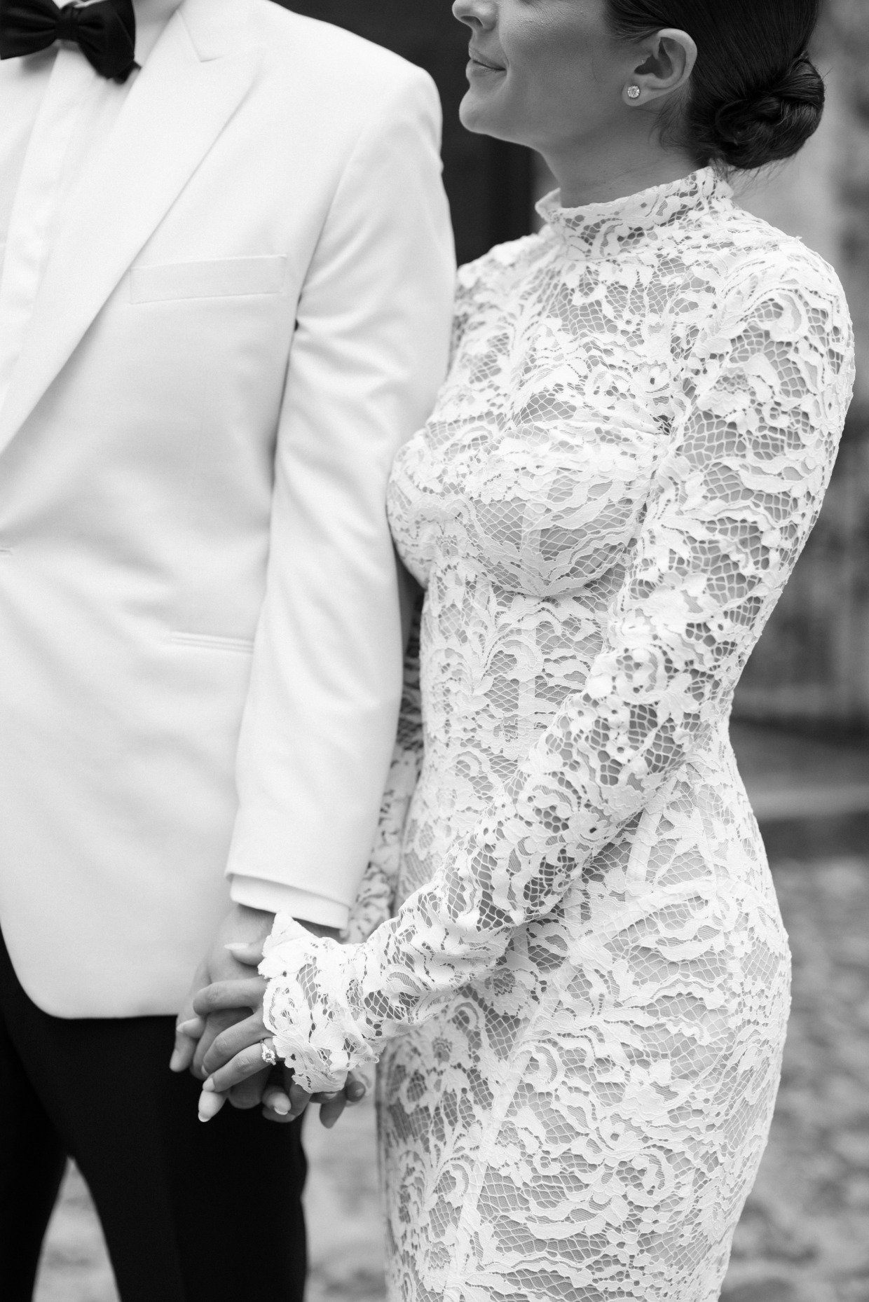 bride in high neck galia lahav lace top and matching gown