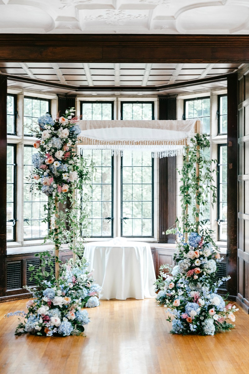 blue, pink, and white floral chuppah