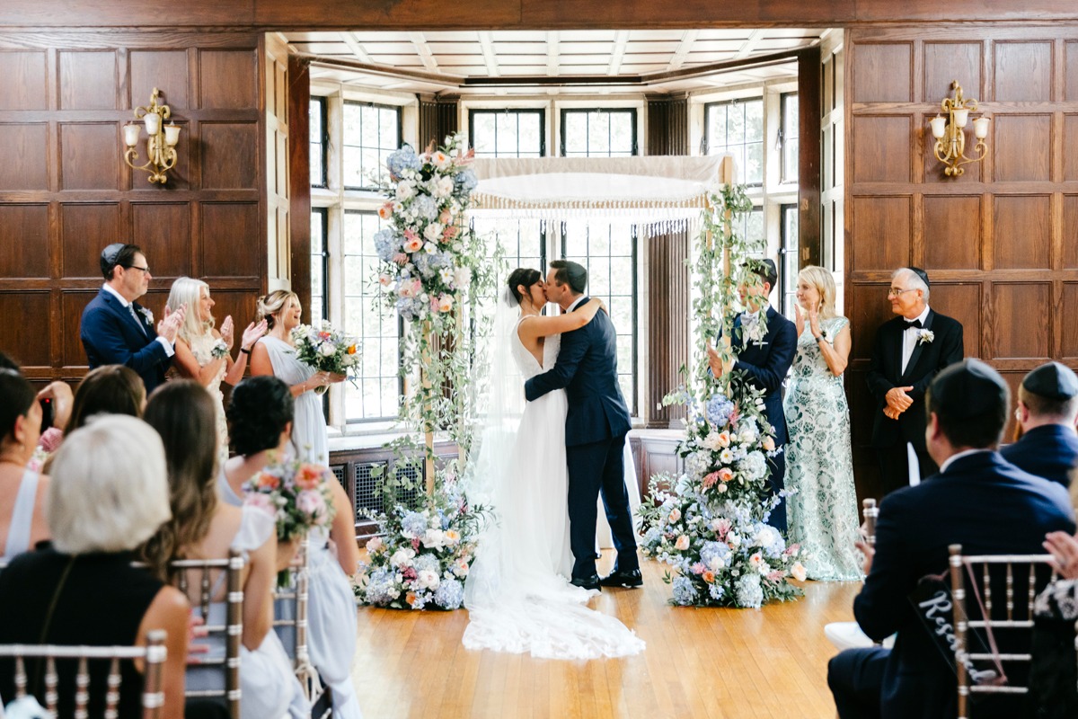 blue pink and white chuppah