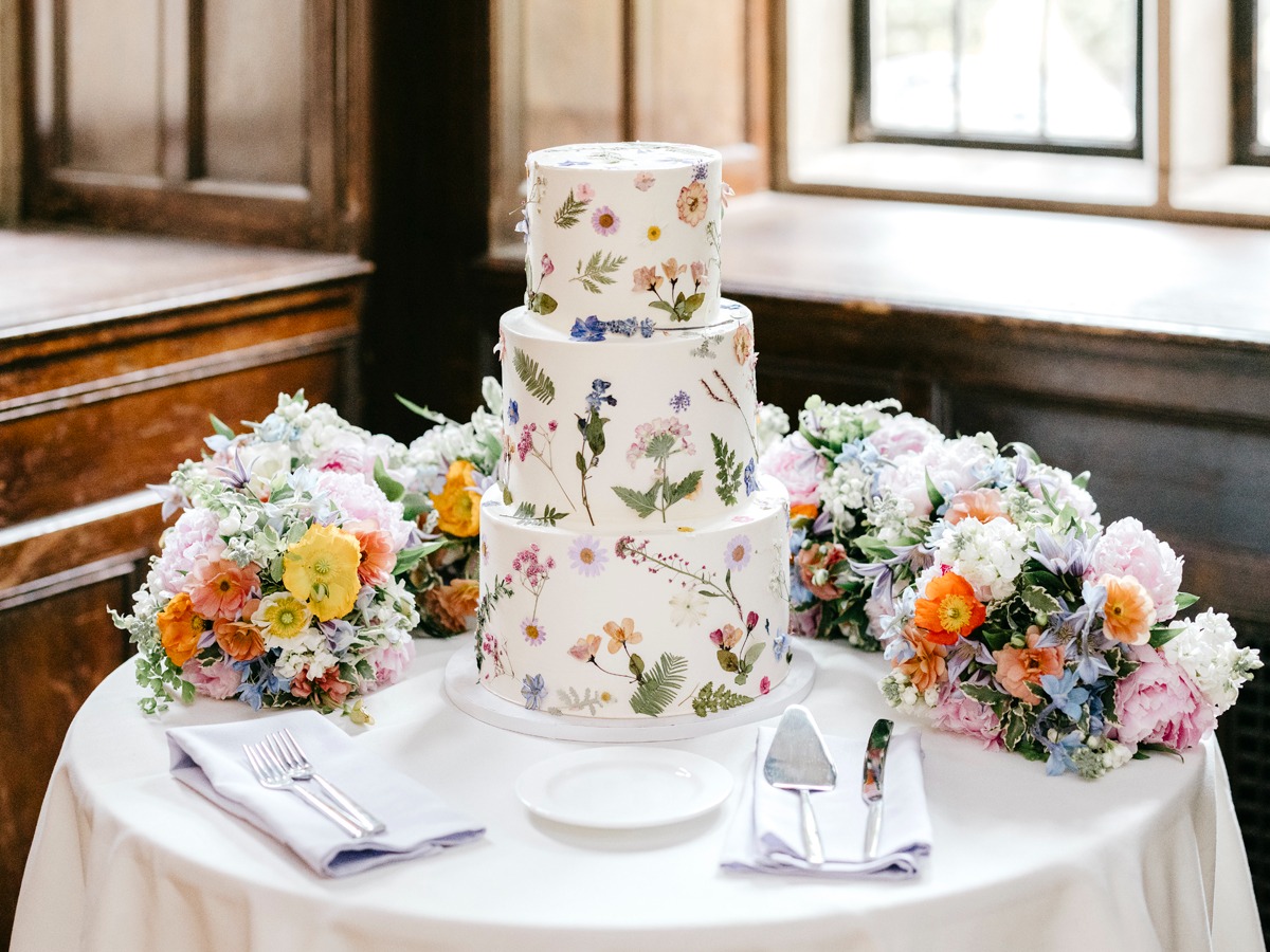 pressed wildflower wedding cake