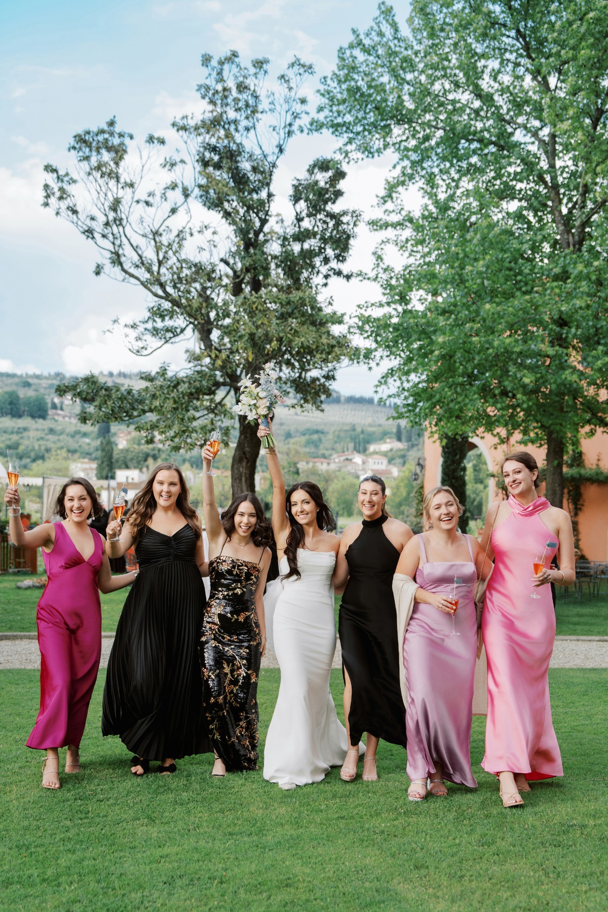 pink and black bridesmaid dresses