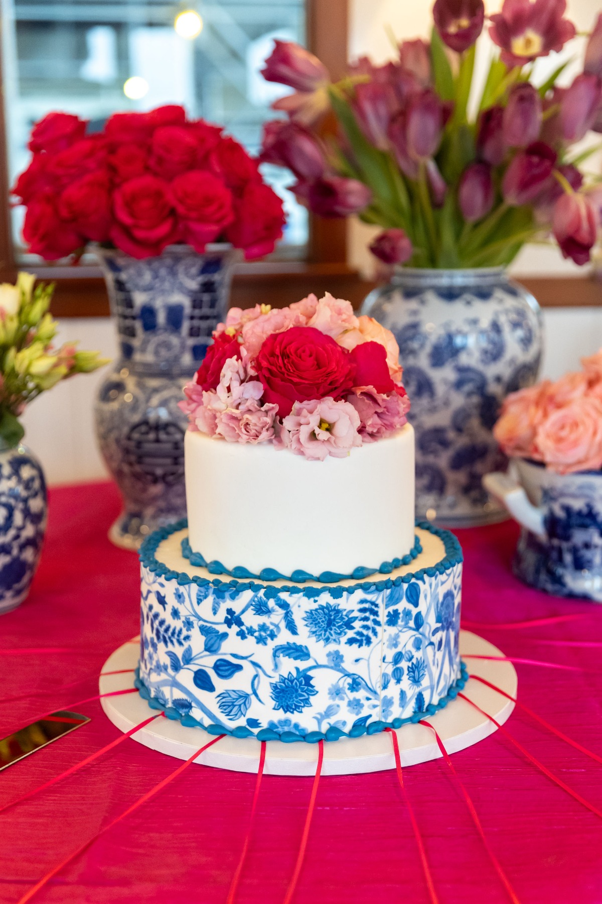 blue white and pink bridal shower cake with southern charm pull