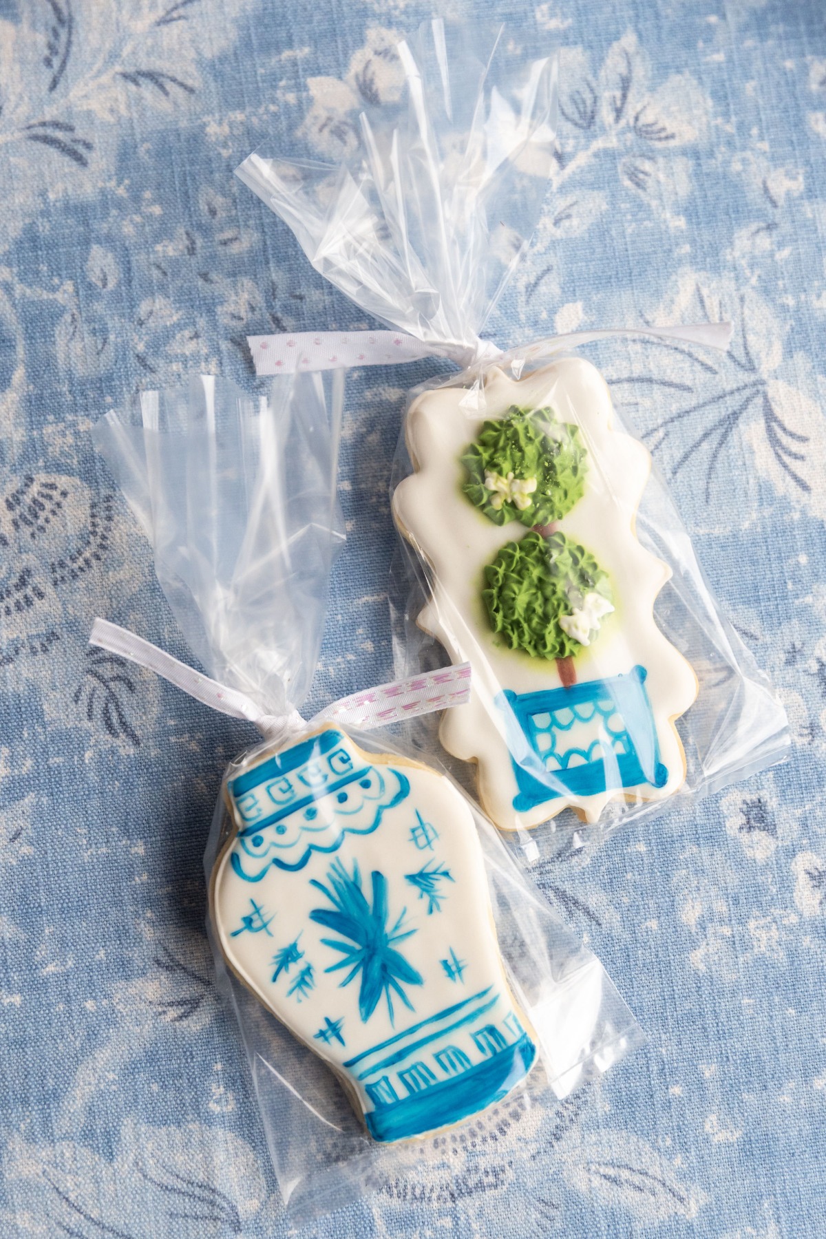 blue and white cookie favors for bridal shower