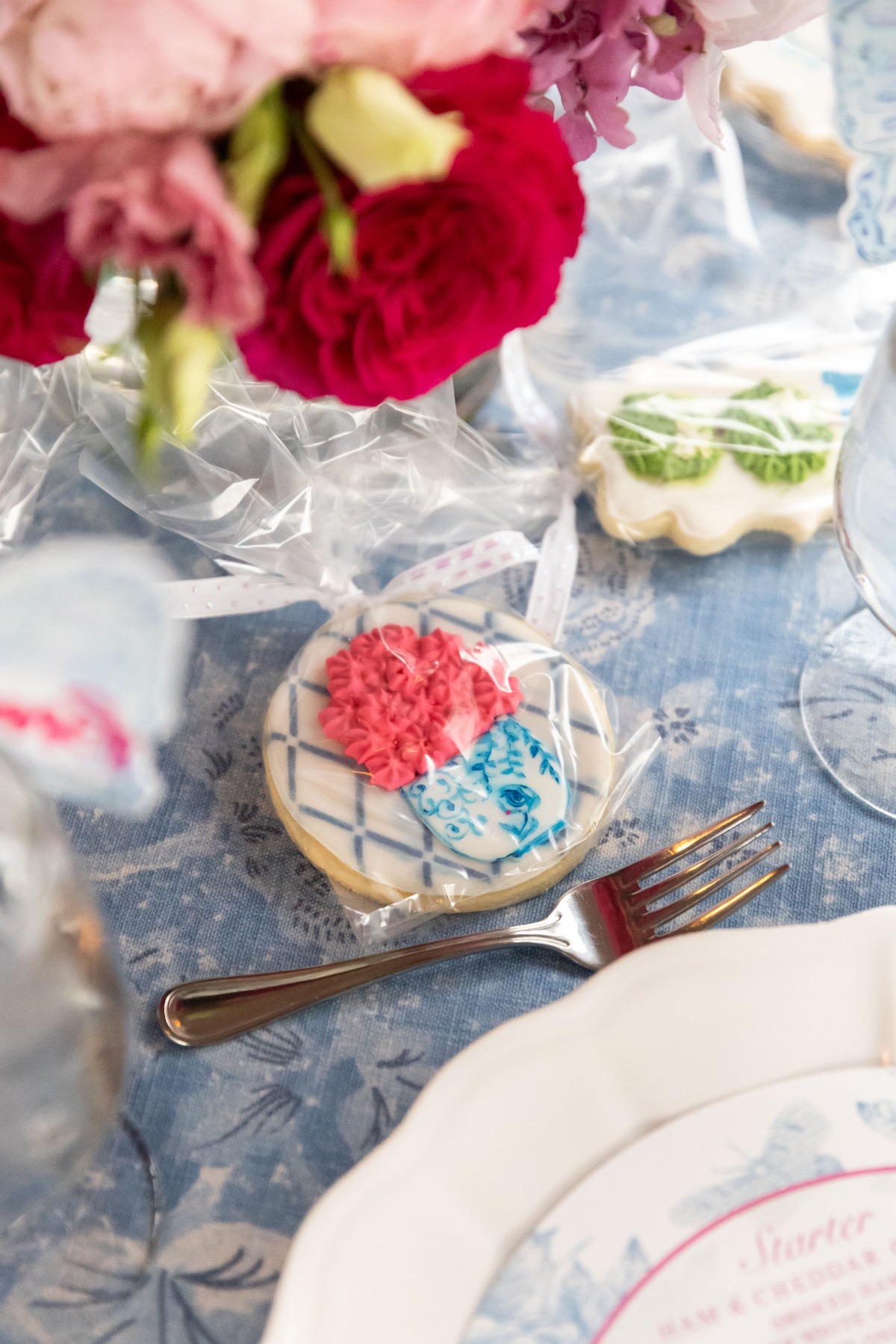 blue white and pink bridal shower tablescape inspiration