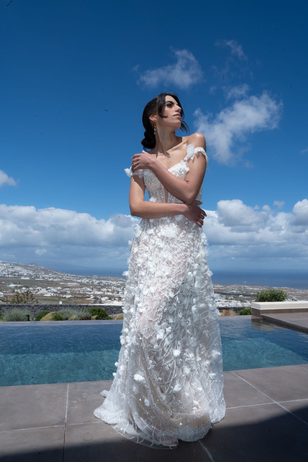 off the shoulder textured lace wedding dress 