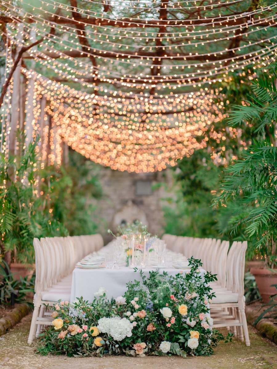 A springtime Italian wedding under a canopy of lights at Villa Astor