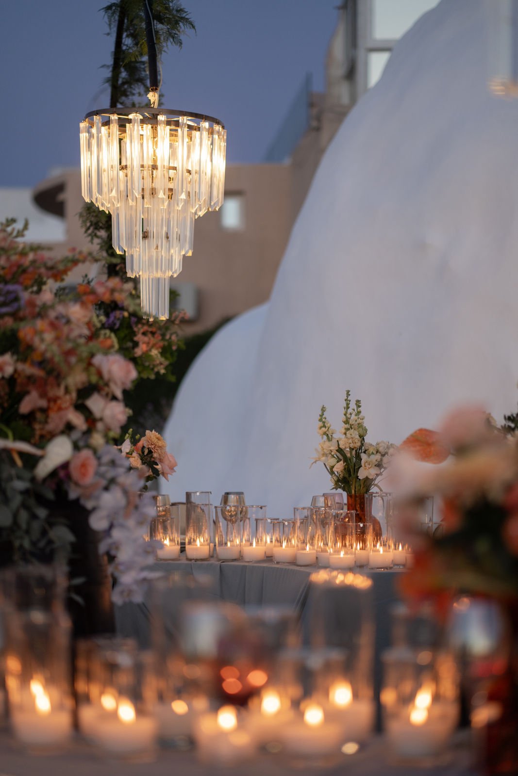 wedding reception with portable chandeliers