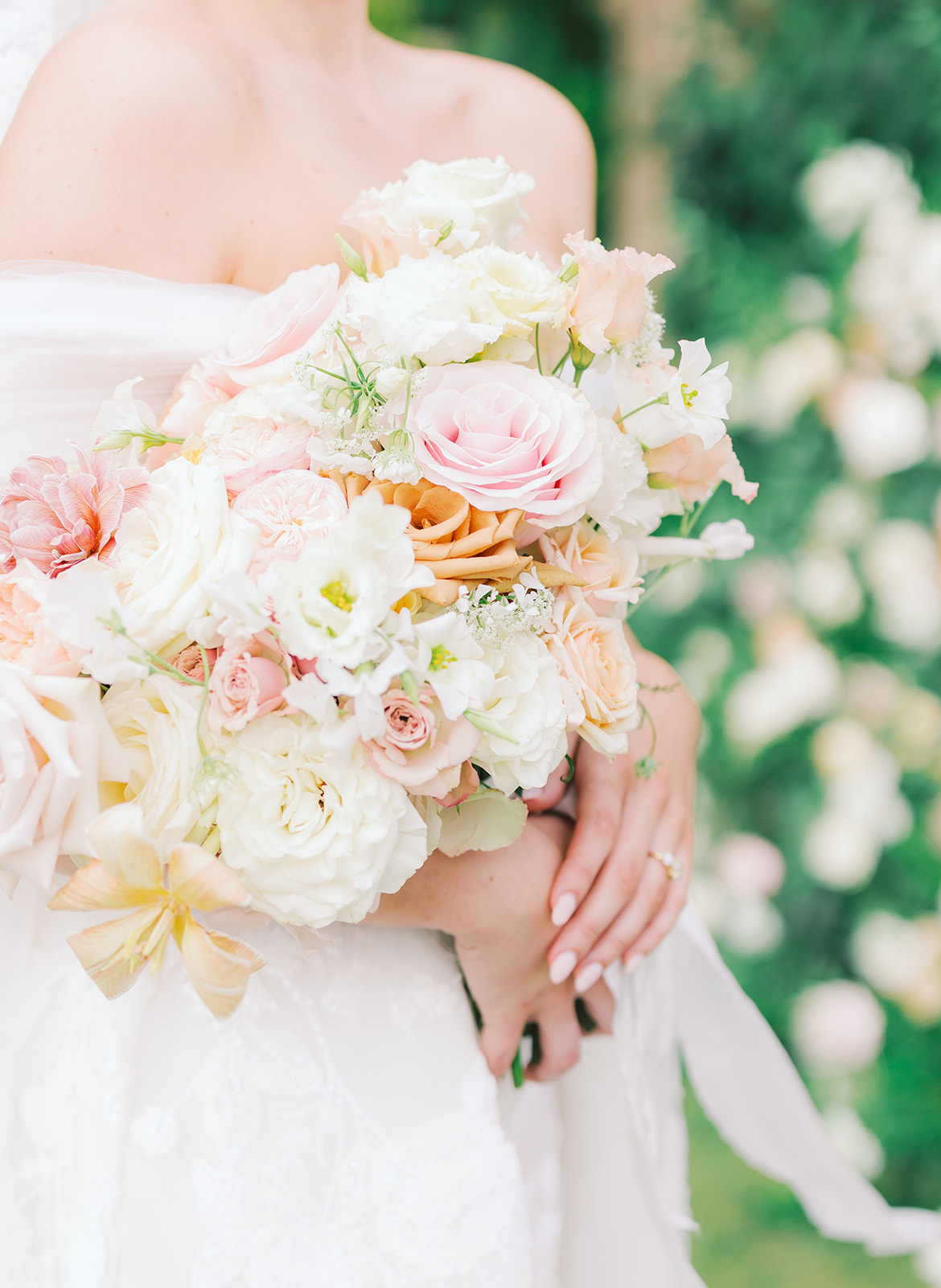 blush peach and white wedding bouquet