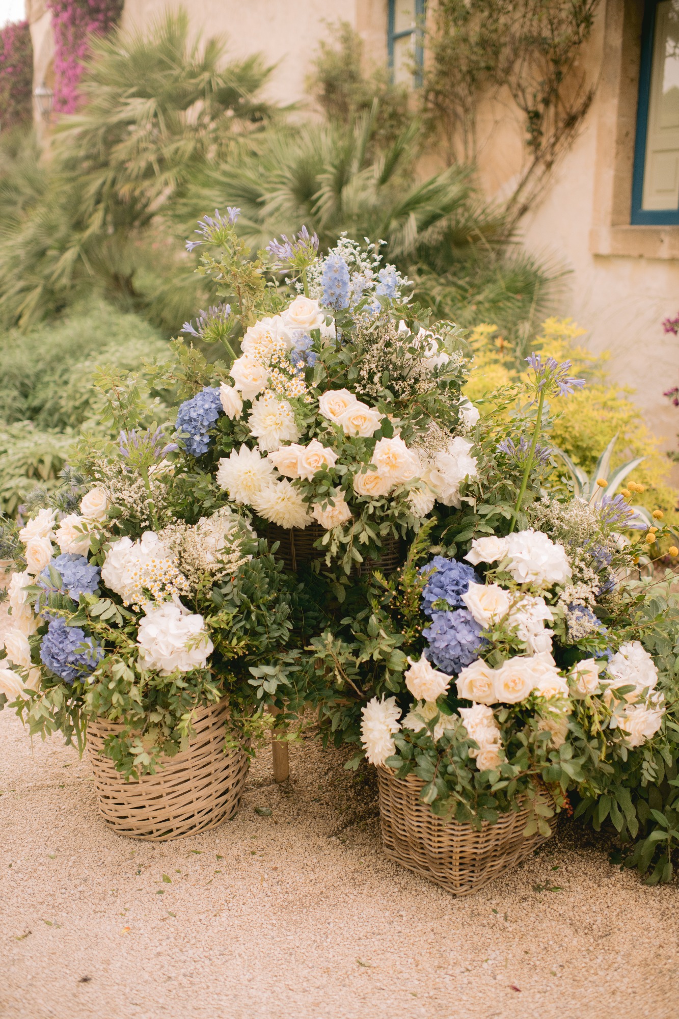 blue and white hydrangea arrangements