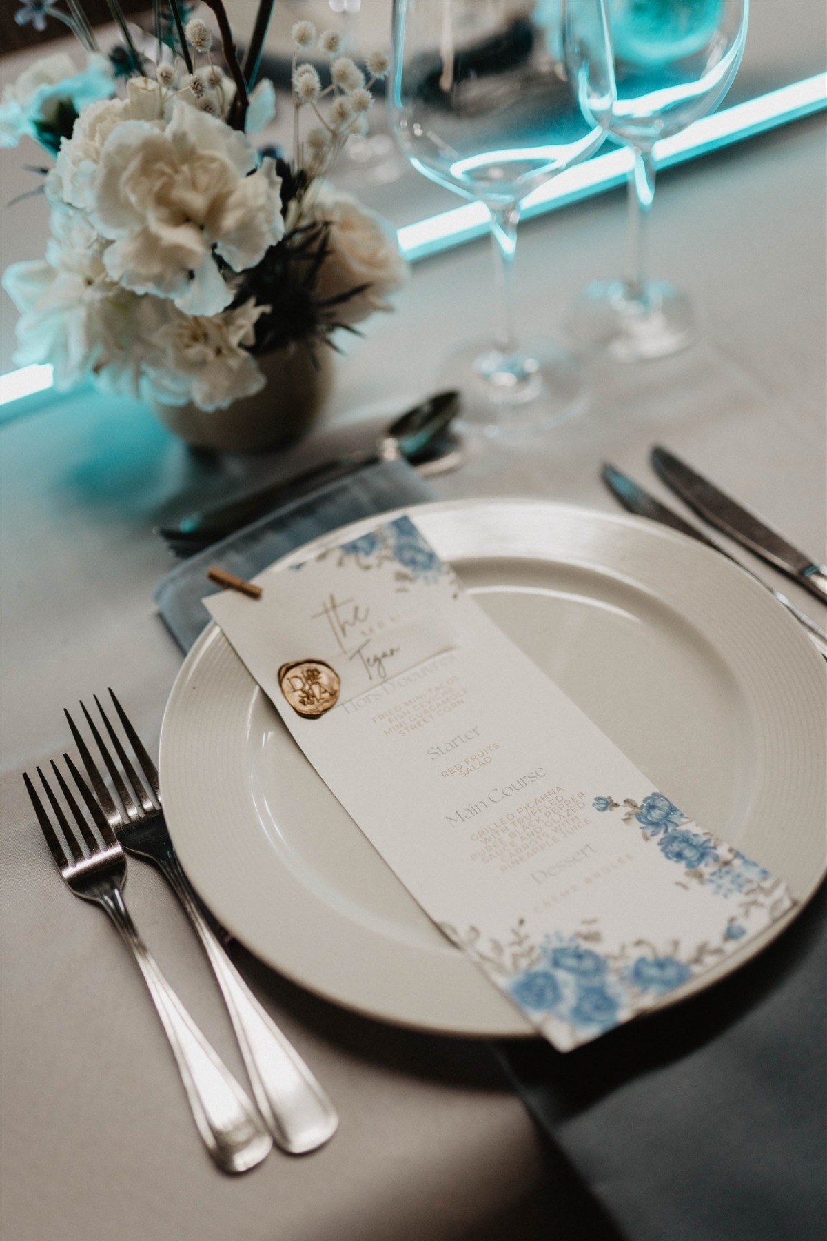 blue floral wedding menu