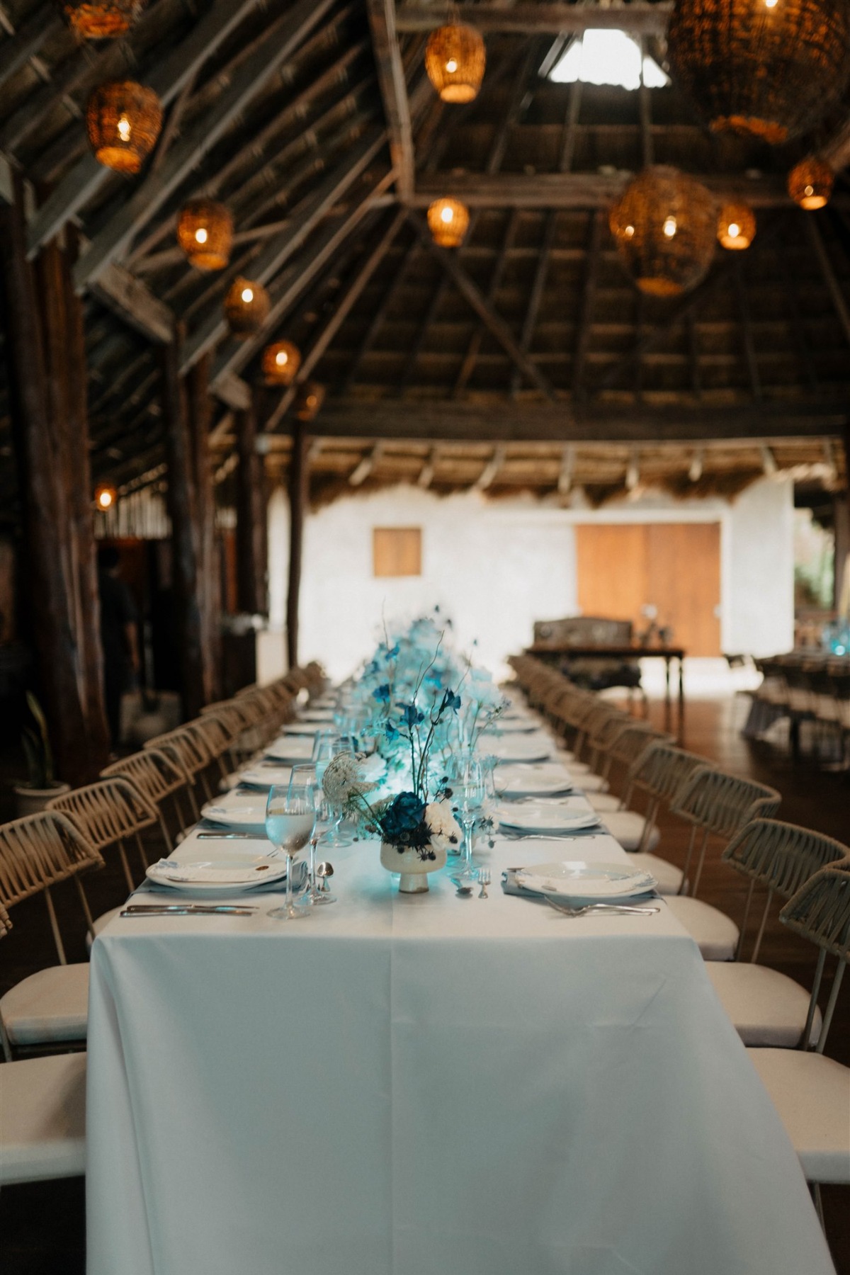 blue centerpieces with neon blue lights