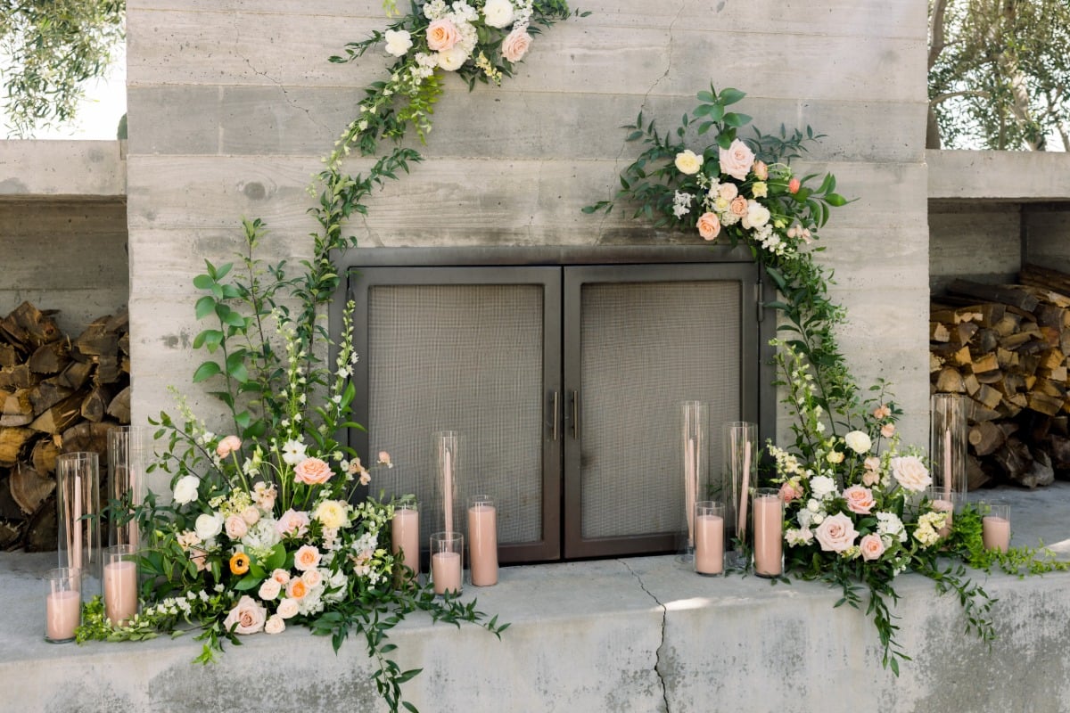 outdoor fireplace floral decor