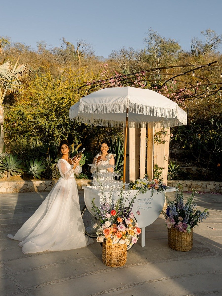 Champagne flowed at this elegantly muted rainbow wedding in Los Cabos