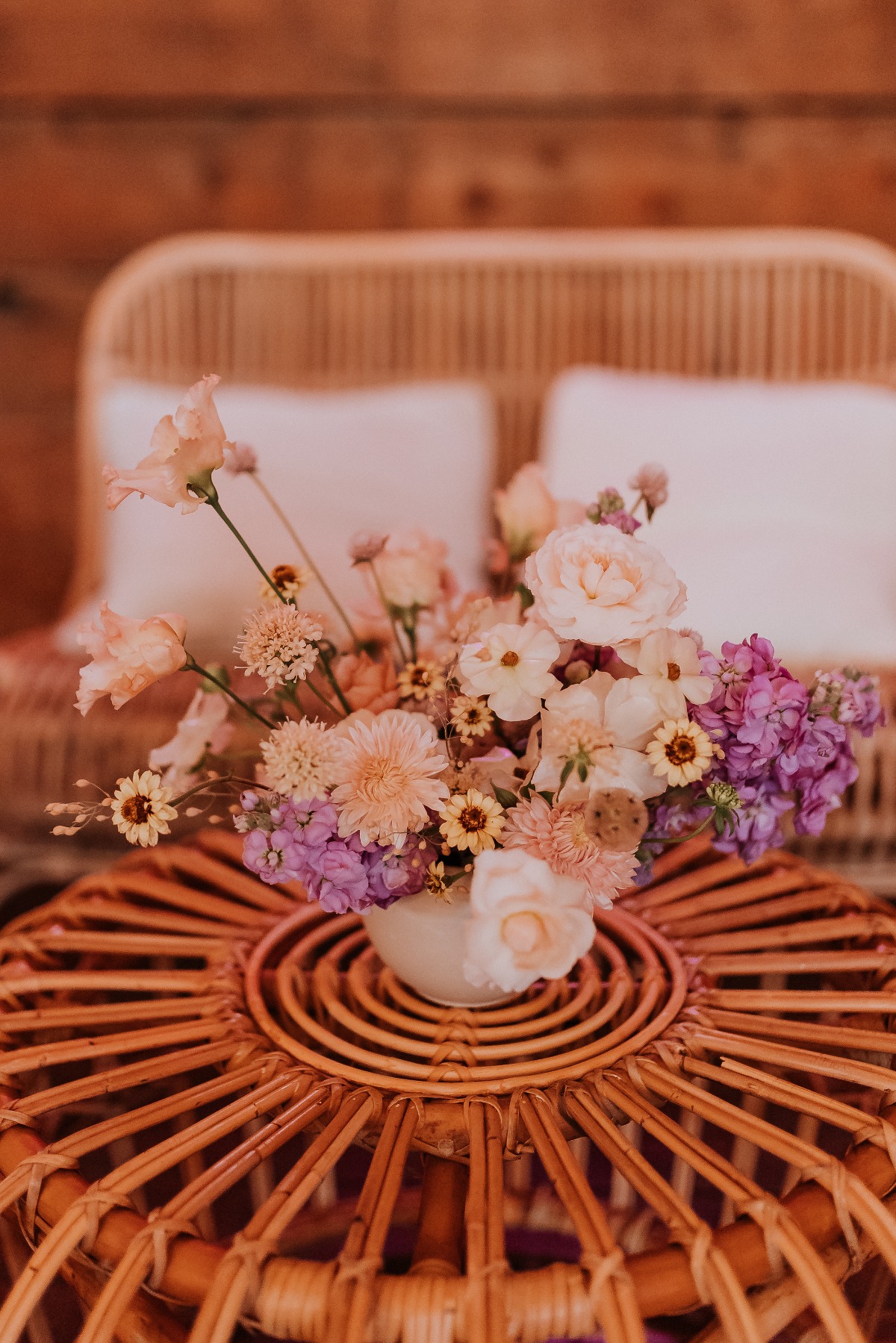 pink peach and purple centerpieces