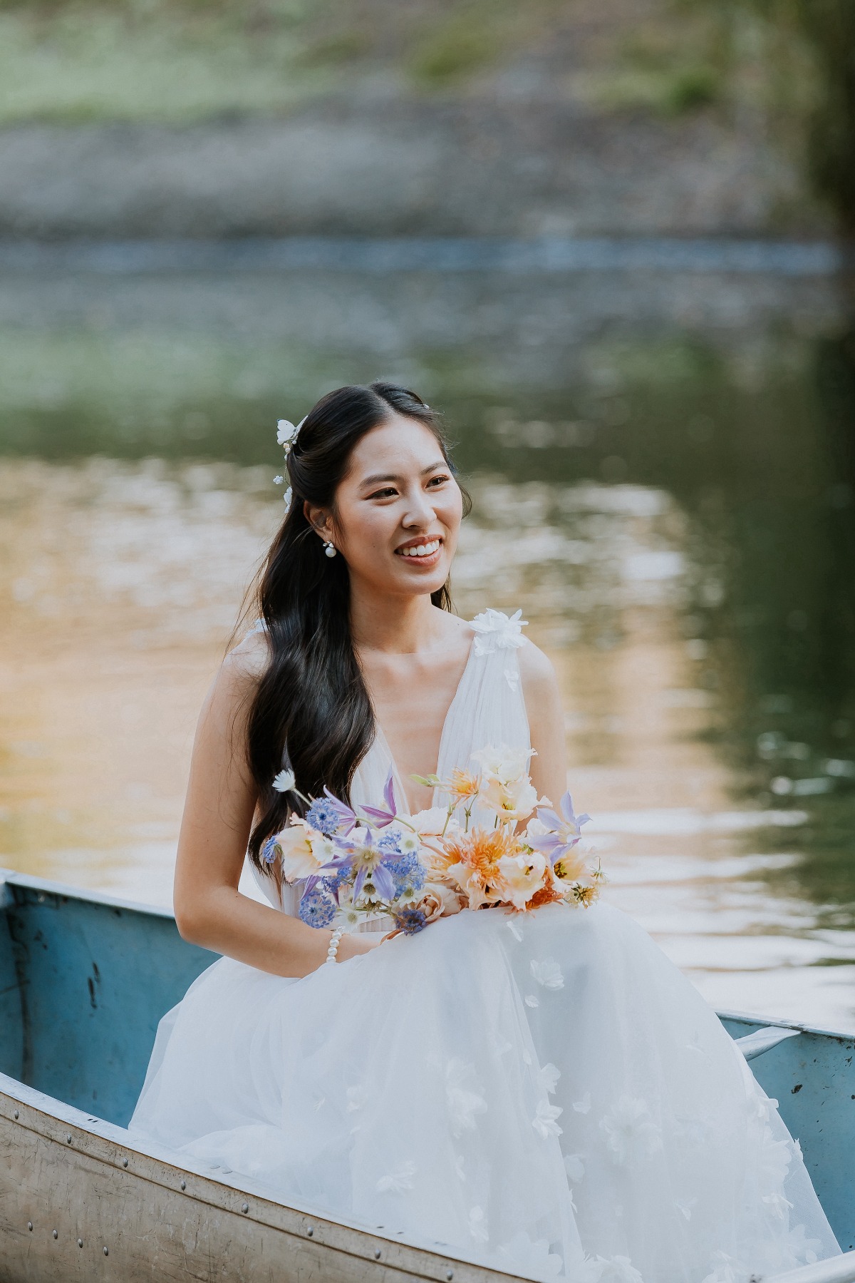 peach blue and purple bouquet