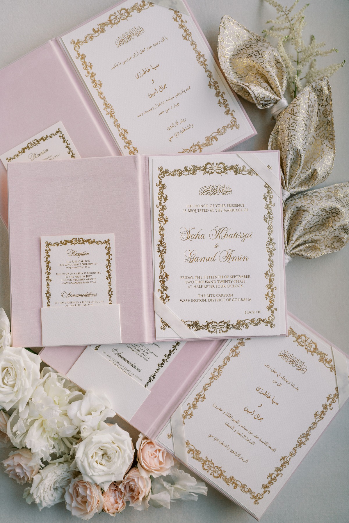 gold and pink velvet wedding invitations