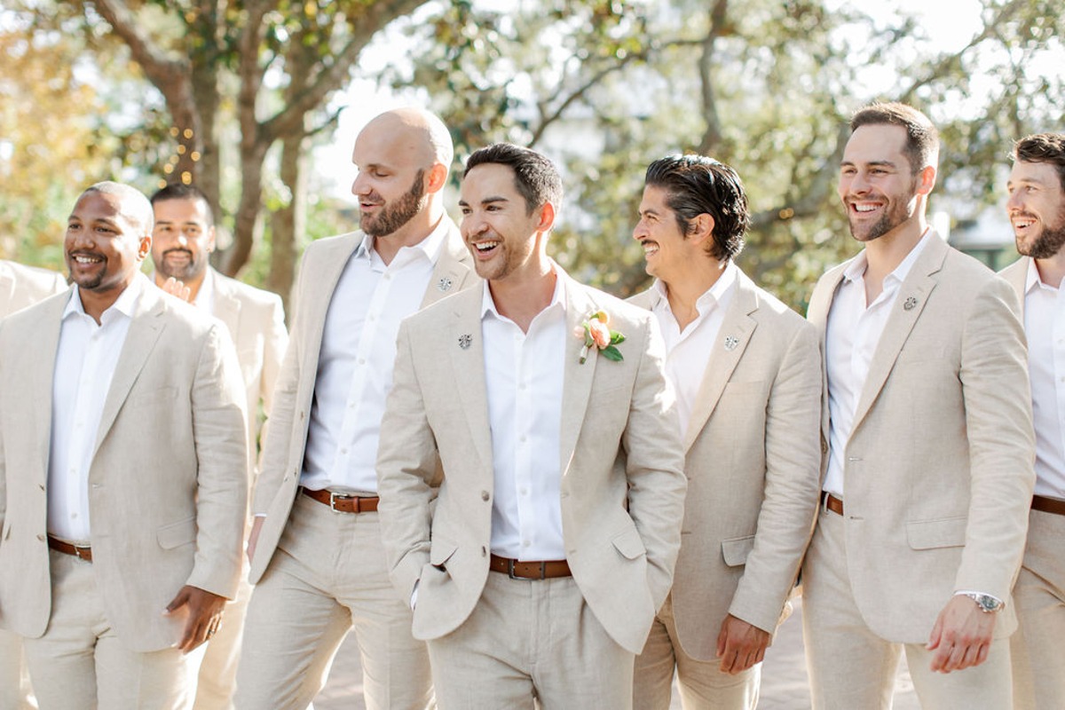 khaki suit for beach wedding