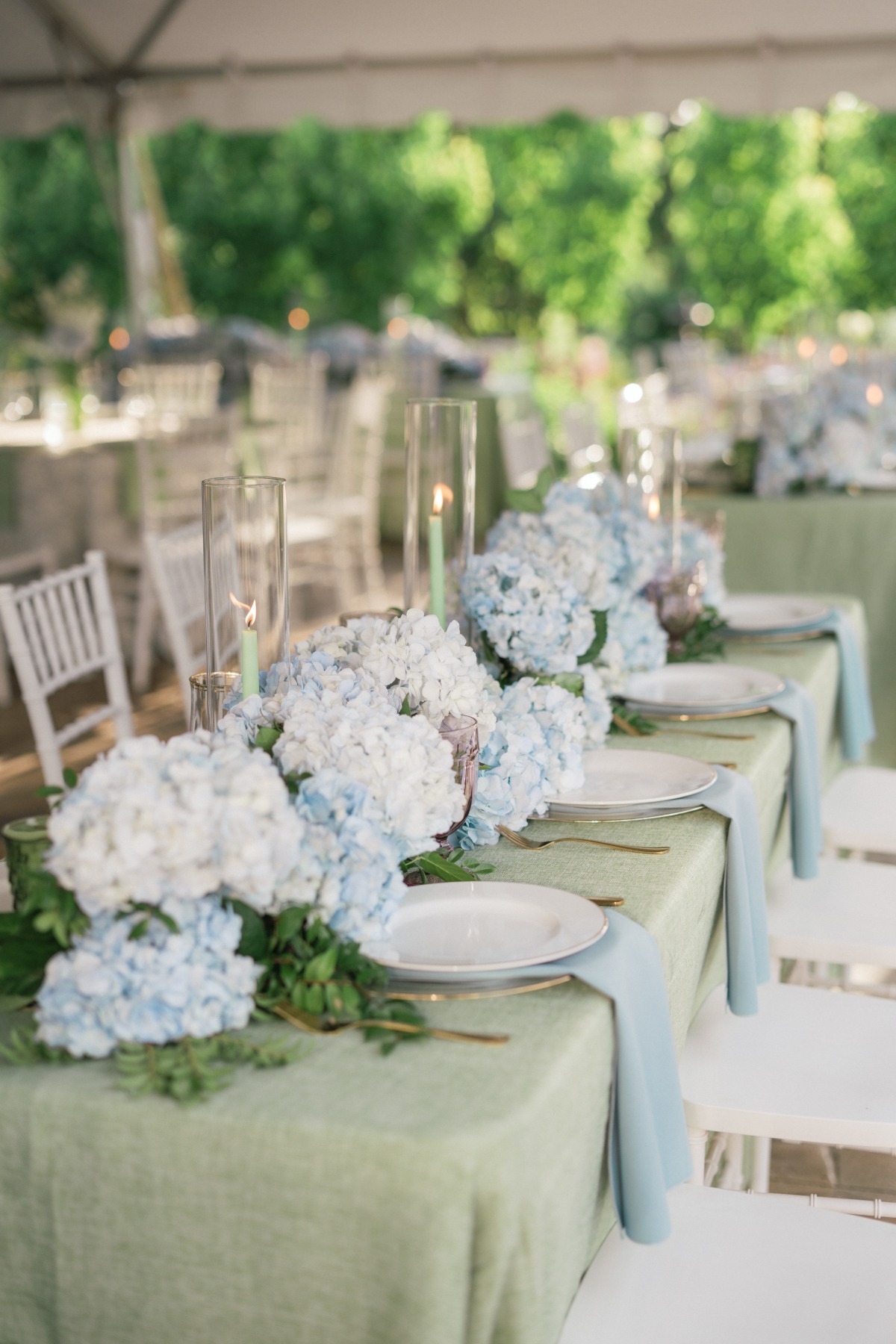 blue and white hydrangea arrangements for wedding recpetion