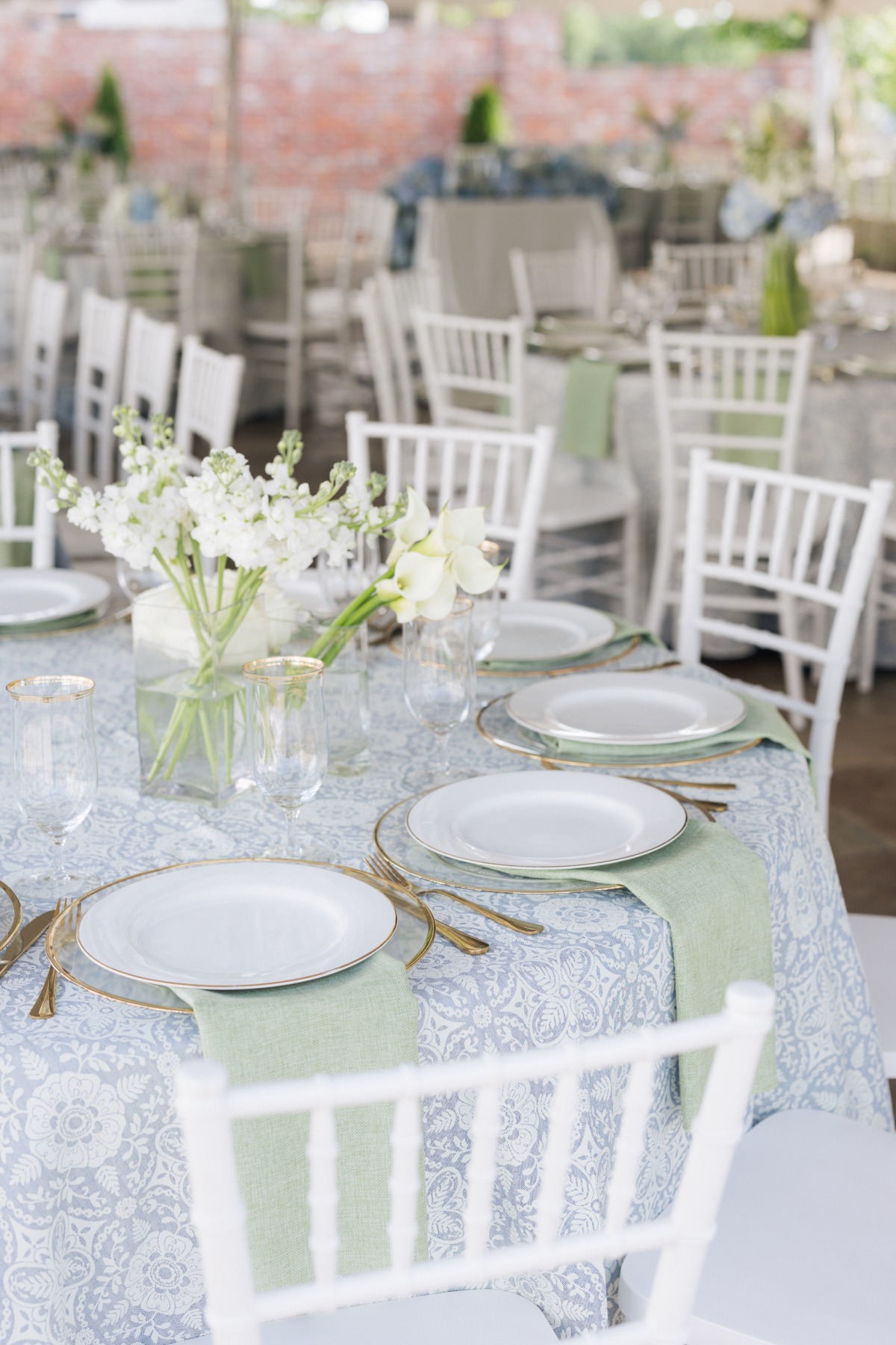 blue and white printed tablecloths for wedding reception