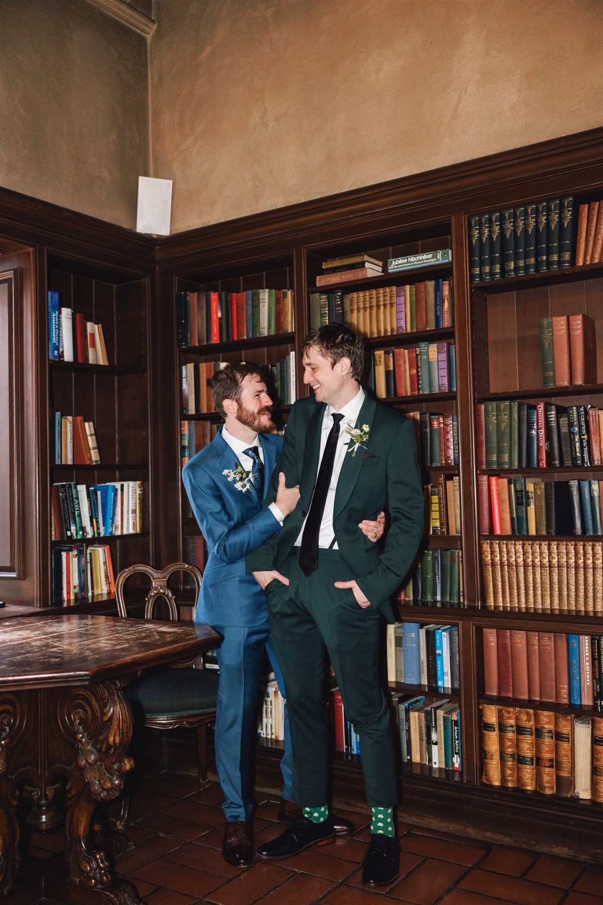 moody wedding in library