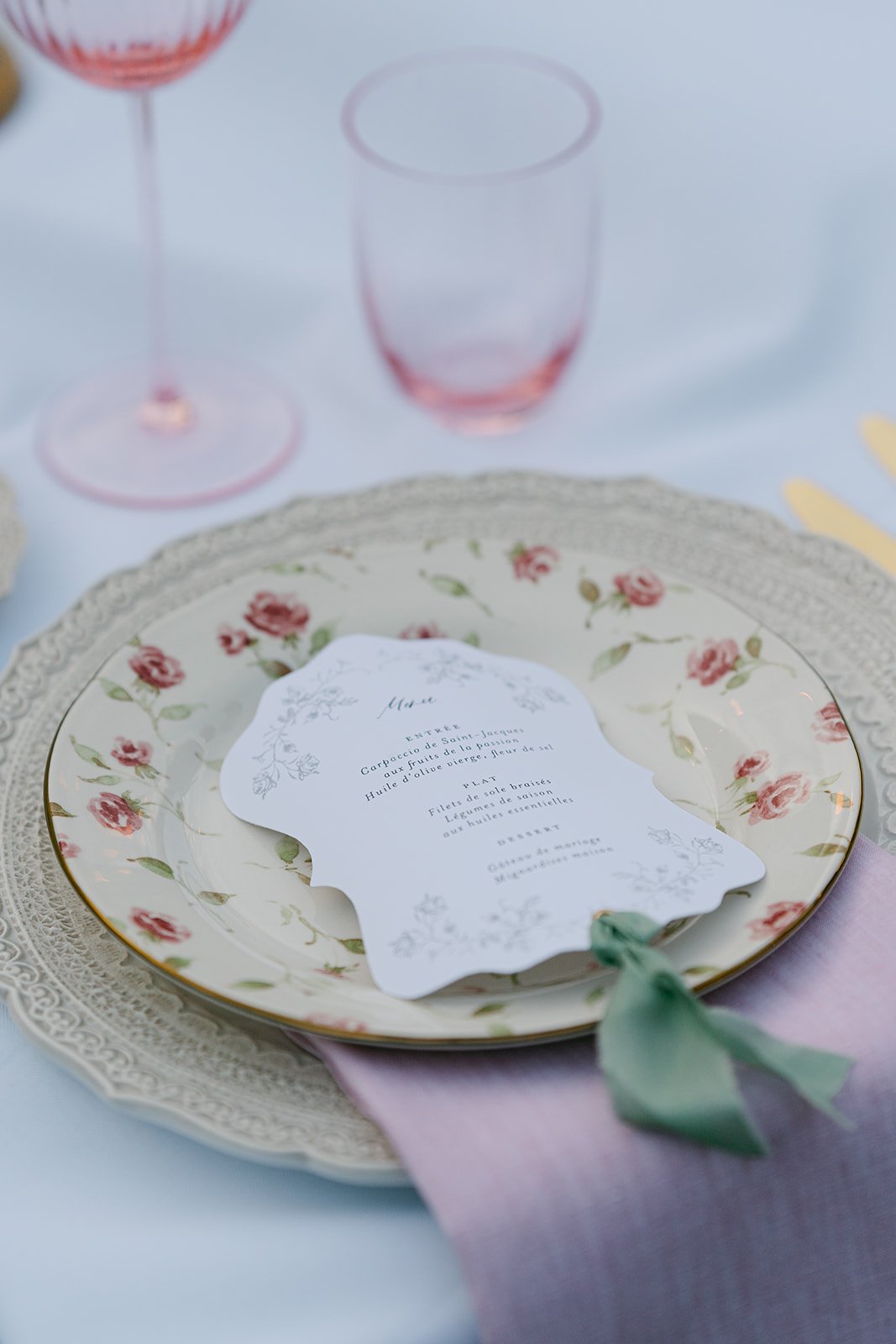 pink peach and sage tablescape for wedding reception