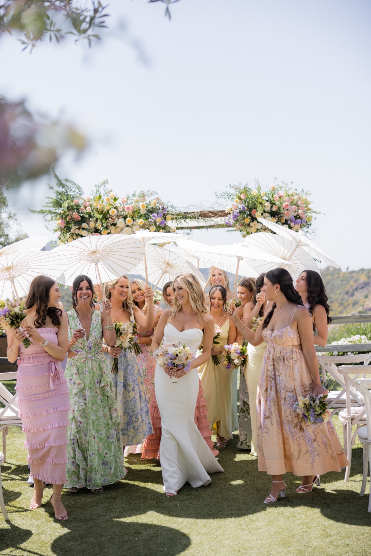 bride with colorful bridesmaids