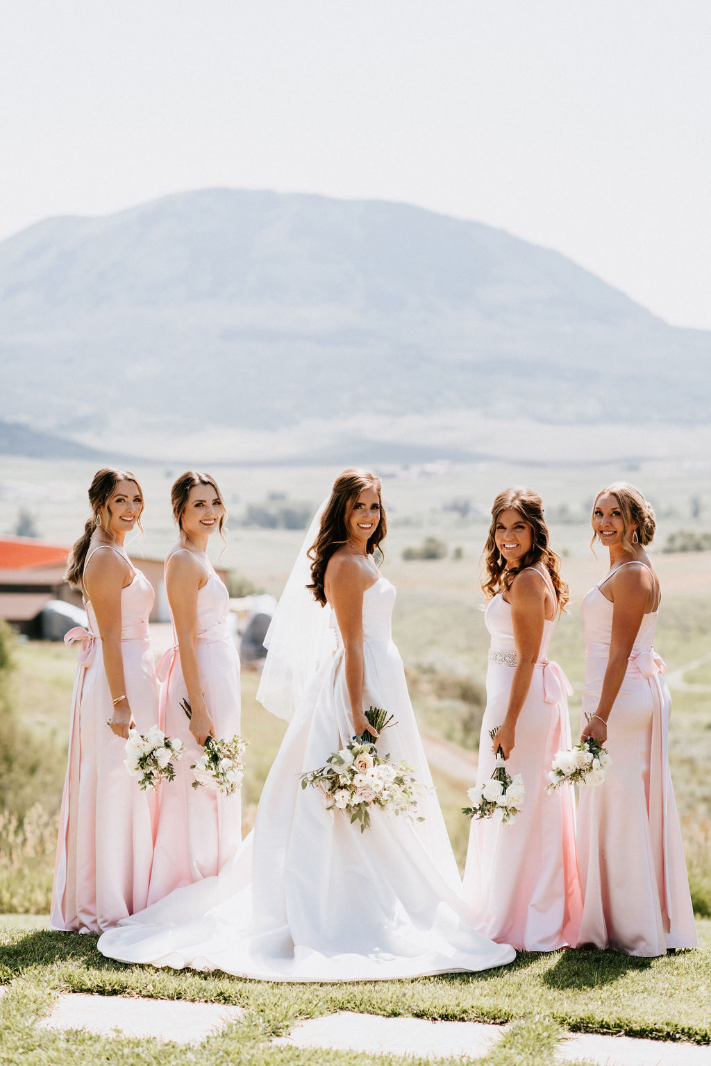 bride in ballgown with bridesmaids in blush dresses