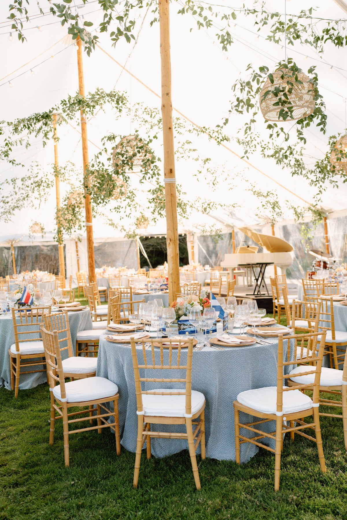 blue and white tented reception for wedding