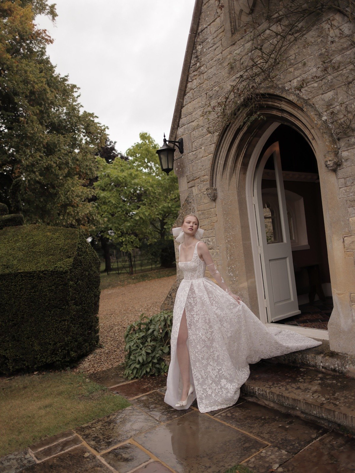 Boat Neck Lace Wedding Gown with Slit