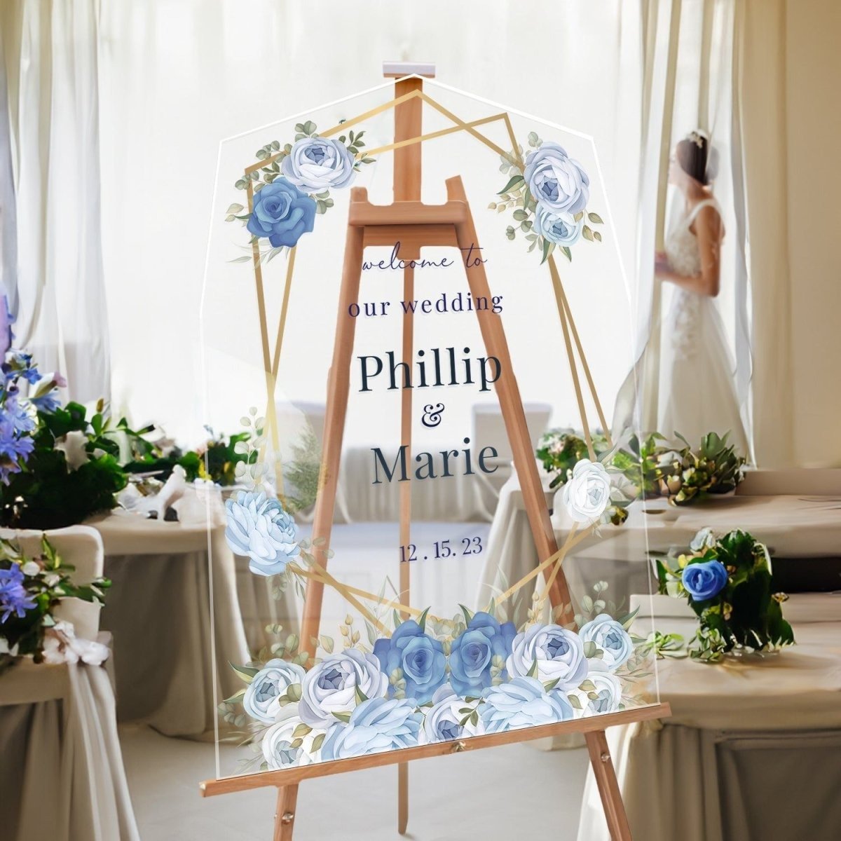 acrylic blue and white wedding sign by speedy orders