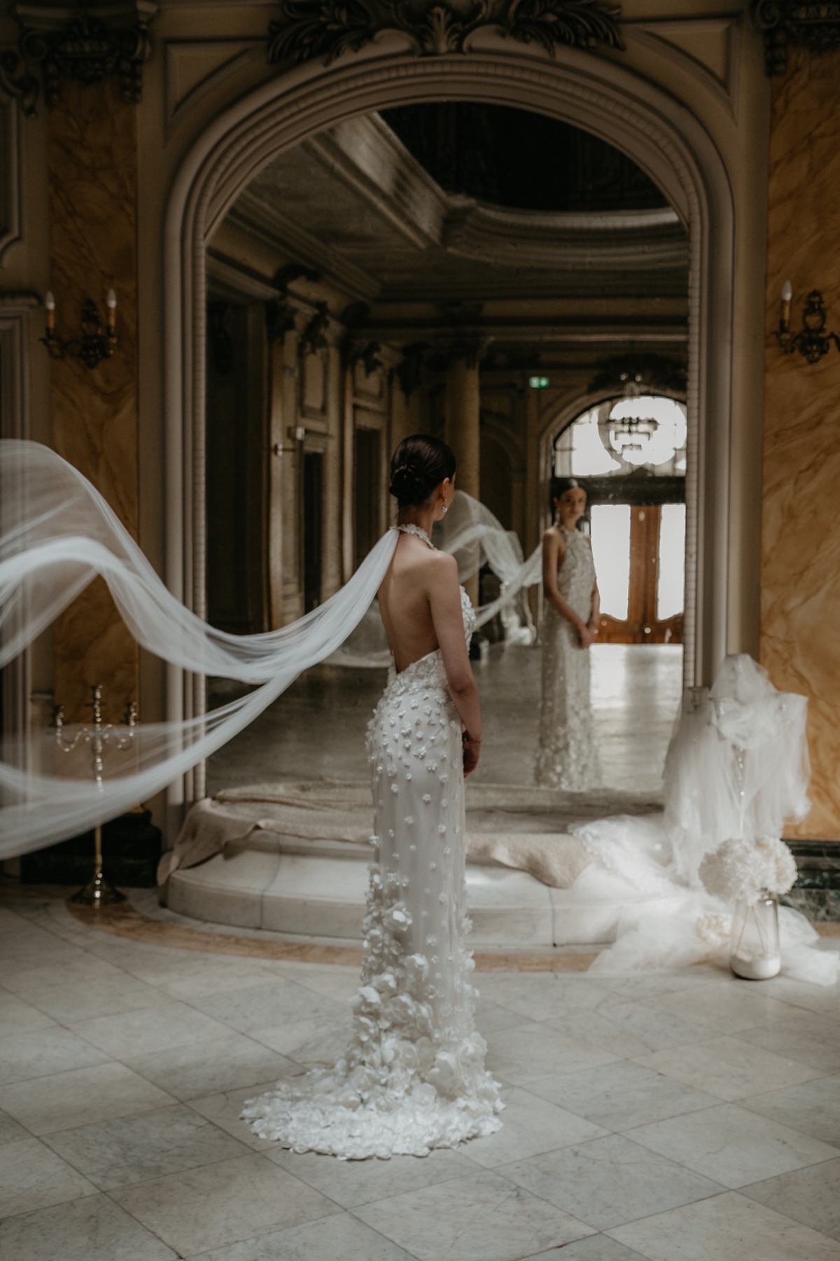 wedding dress with flowy veil