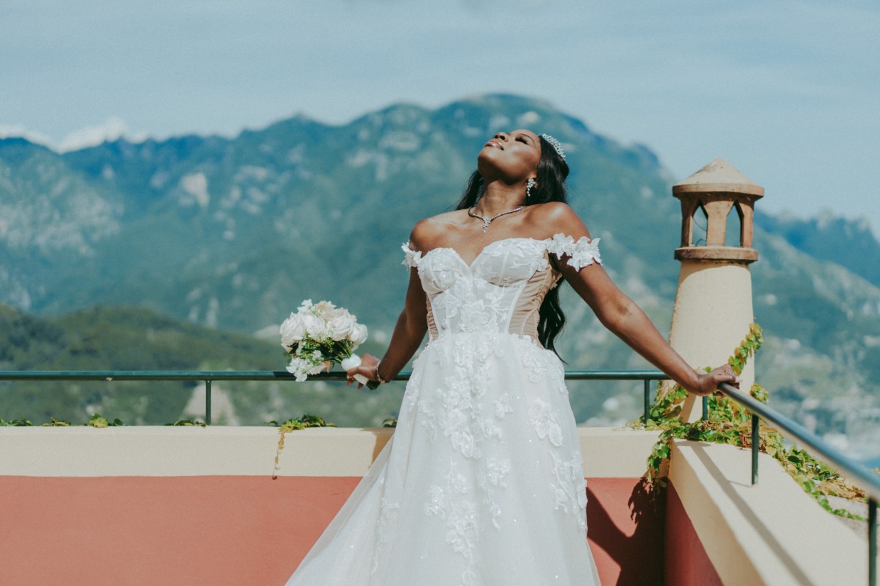 bride sunbathing in euphoria gown by galia lahav