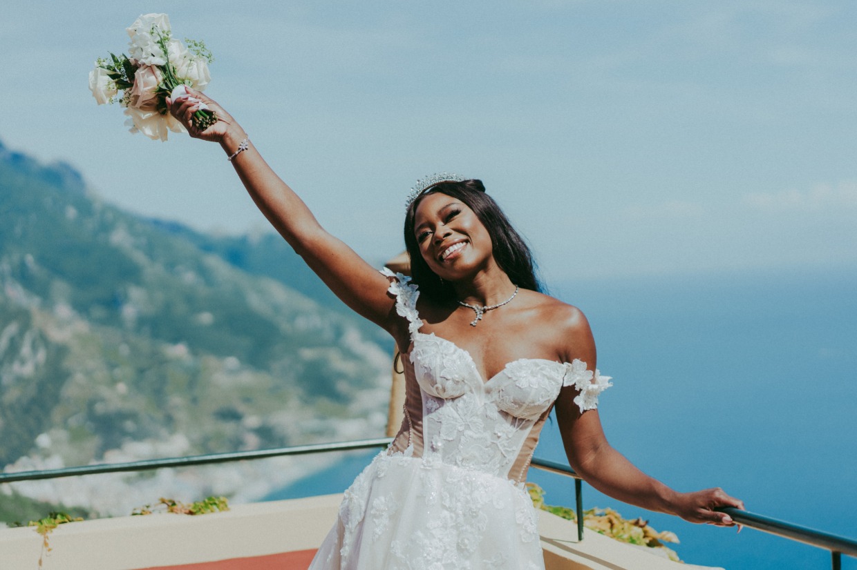 bride on balcony in galia lahav euphoria dress