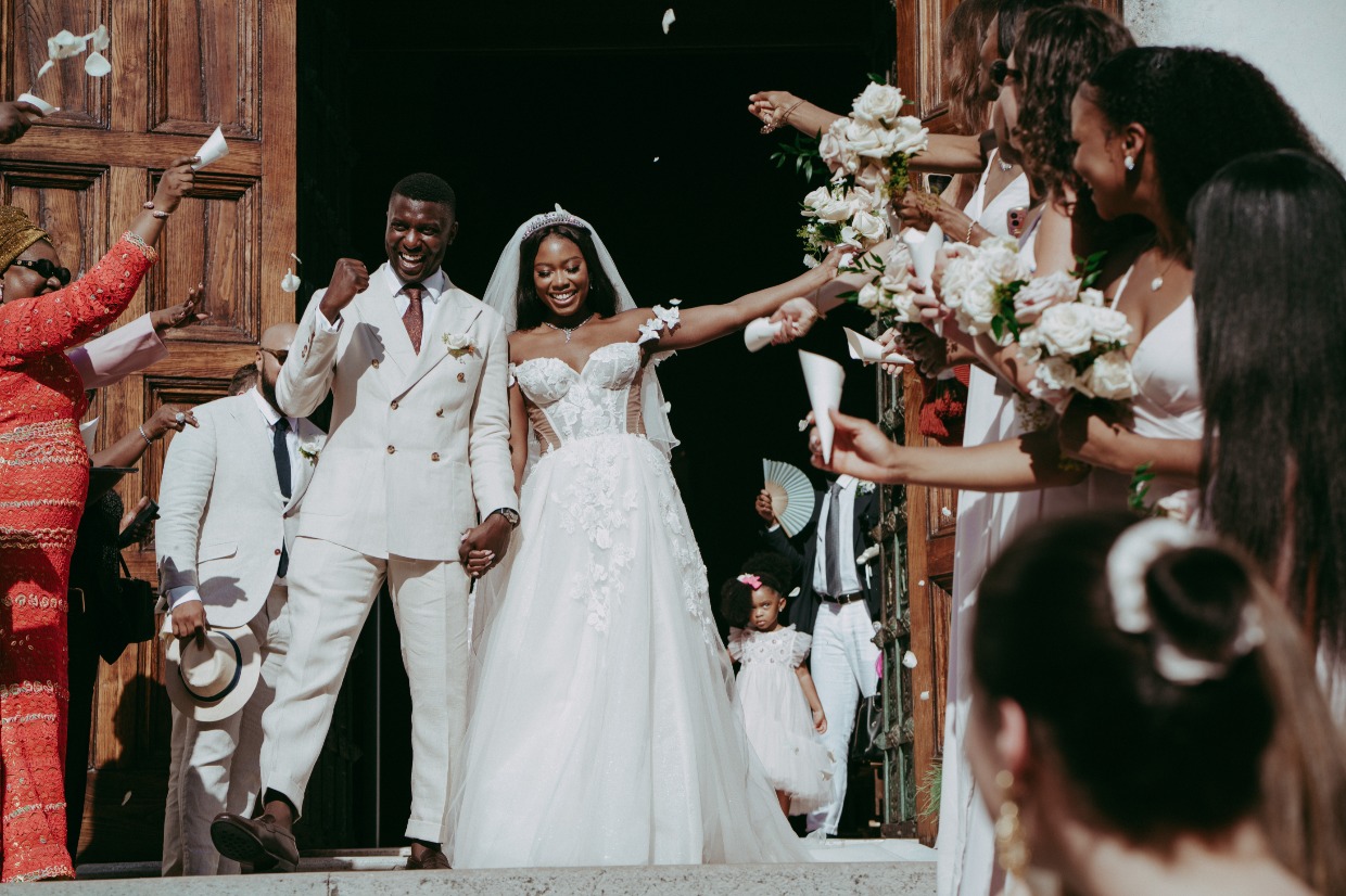 bride wears euphoria dress by galia lahav to church wedding