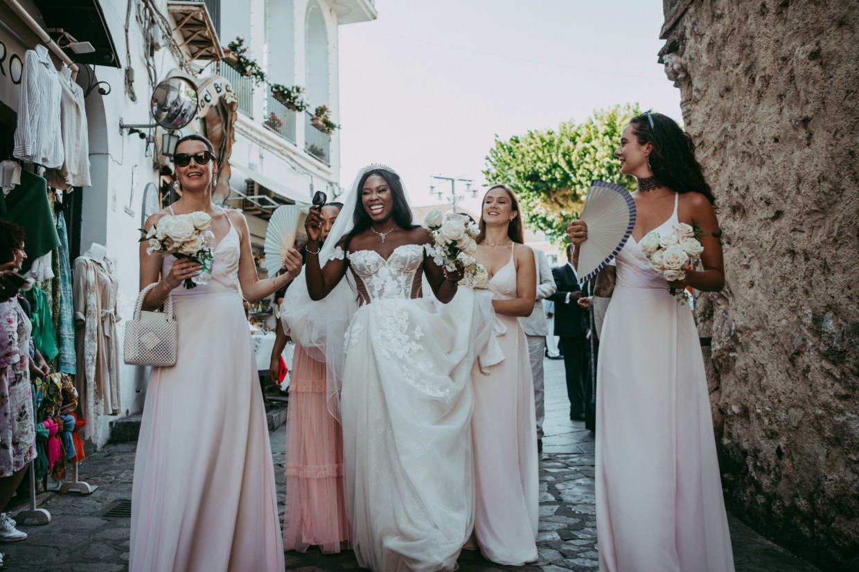 bride wears euphoria by galia lahav and bridesmaids wearing pastel pink