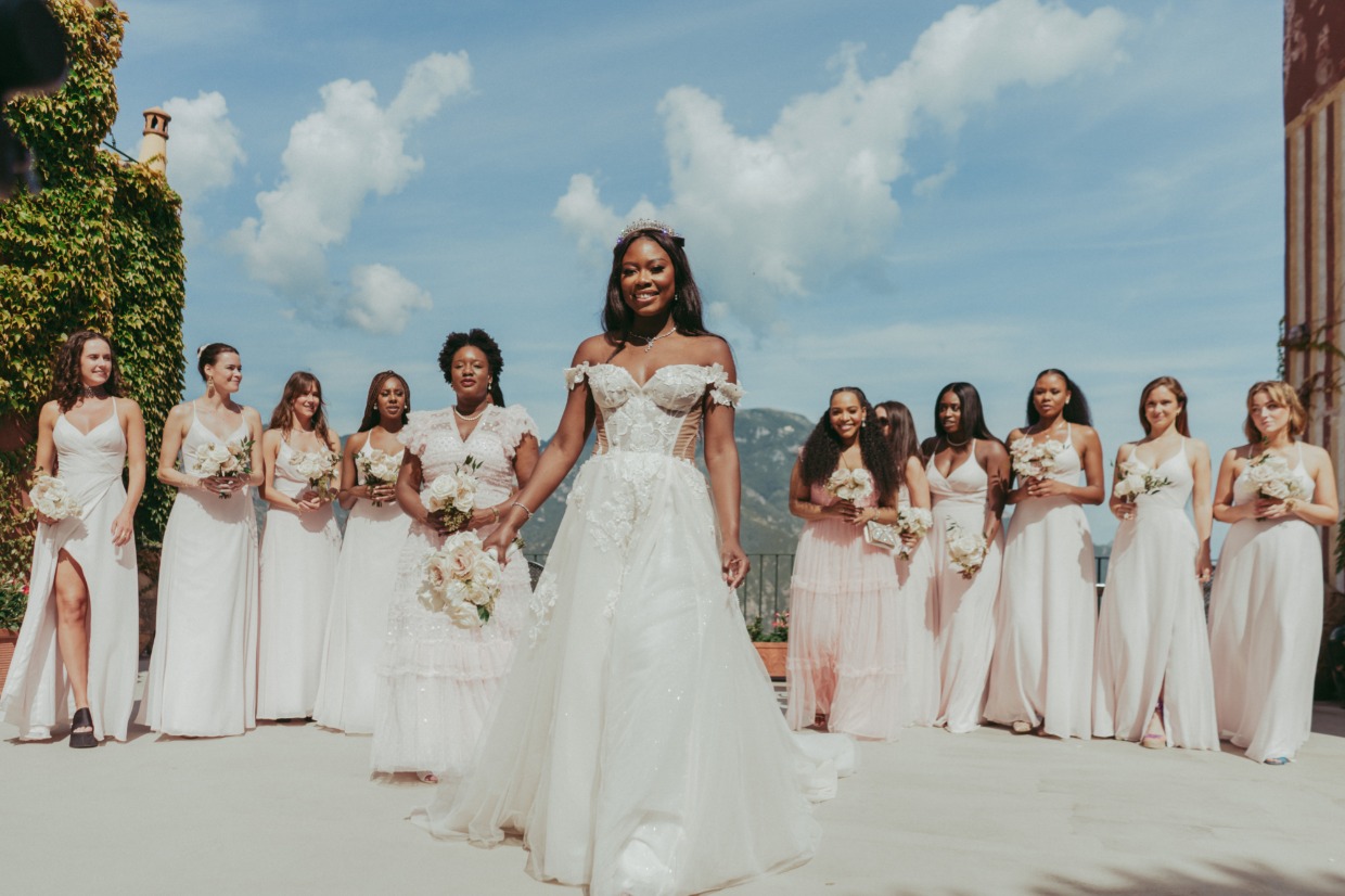 bride in euphoria by galia lahav and bridesmaids in pink