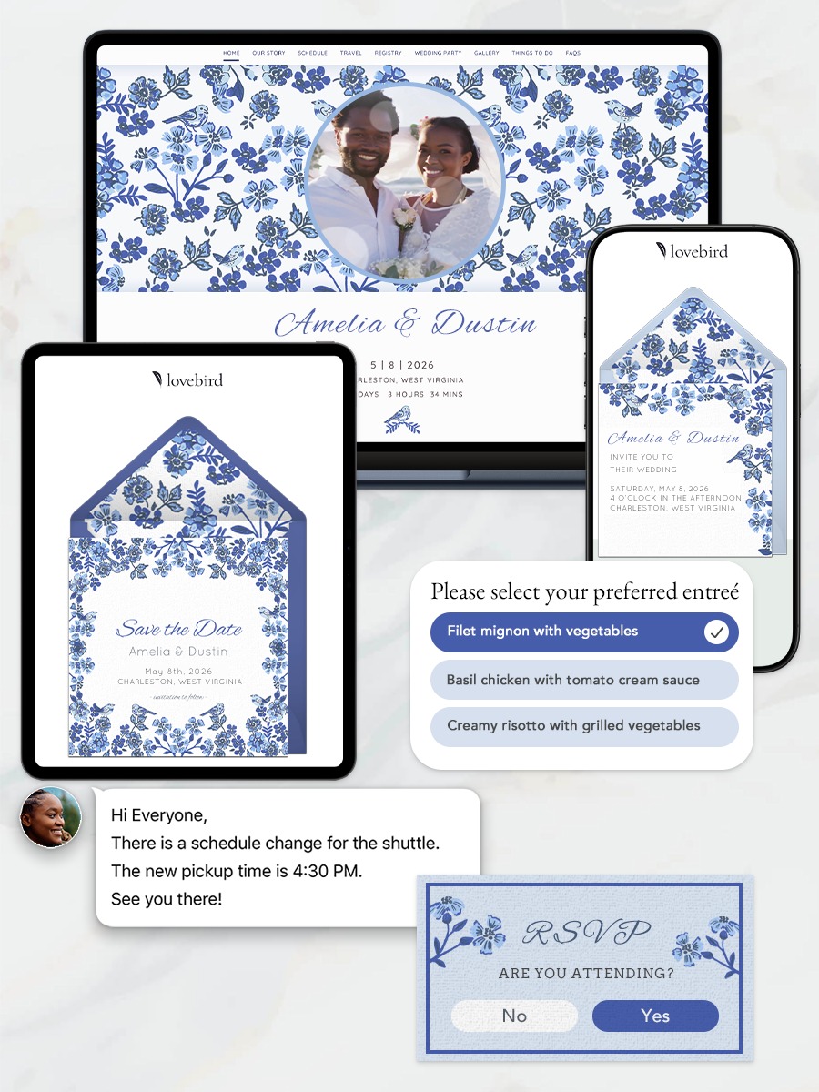 blue and white wedding invitations by lovebird